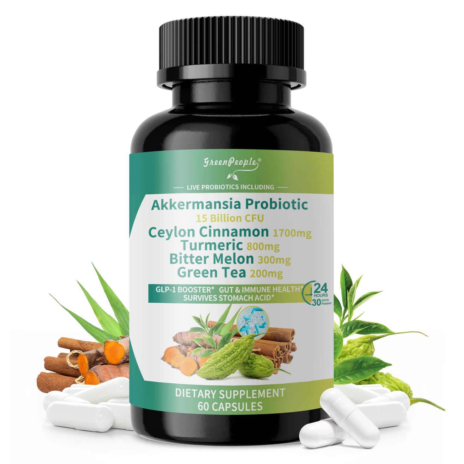 GREENPEOPLE Akkermansia Probiotics 15B CFU for Gut Function, 60CT Probiotics Supplement with Ceylon Cinnamon, Turmeric | Digestive Health & Metabolic Support