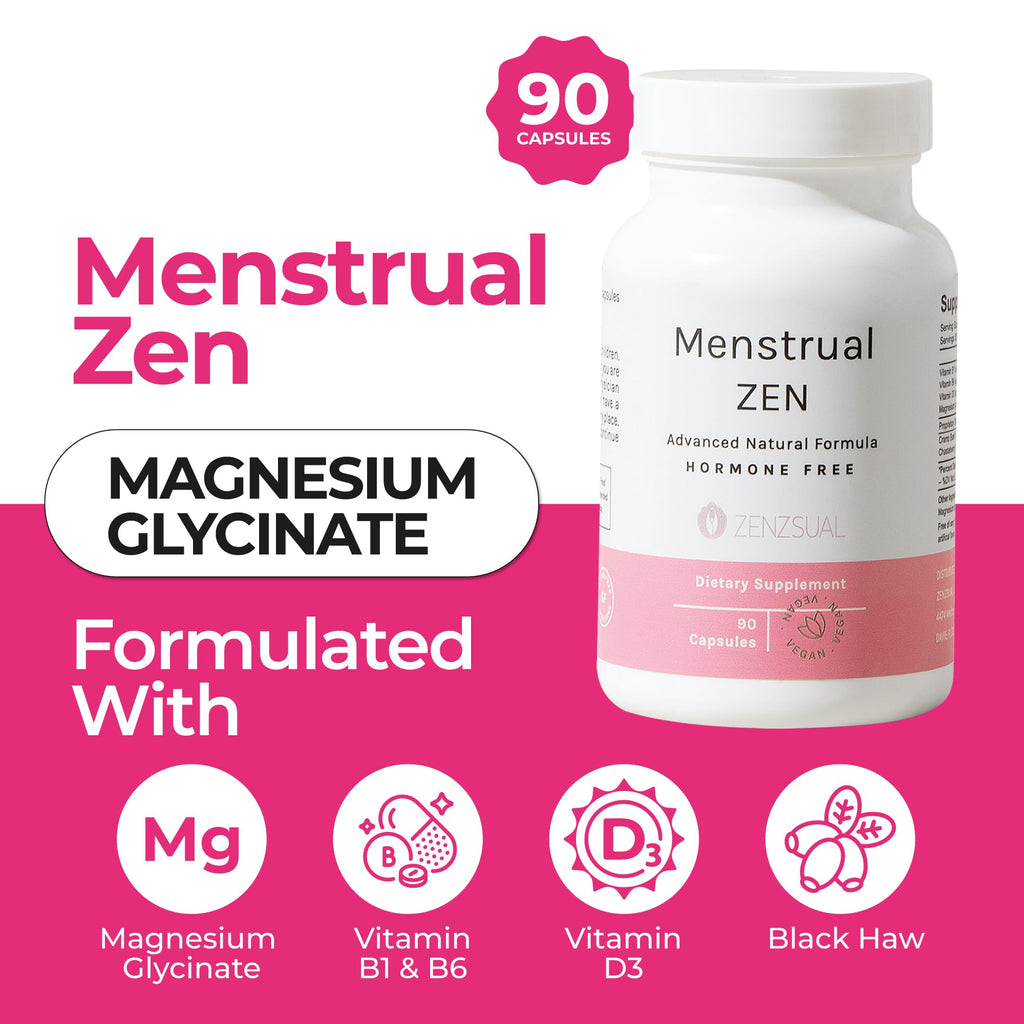 ZENZSUAL Menstrual Zen Natural and Hormone-Free Supplement – Support for Menstrual Cramps, Mood Swings and Period Pain – Diuretic Effect (90 Capsules / 2.7 Oz) ZENZSUAL Au supplements