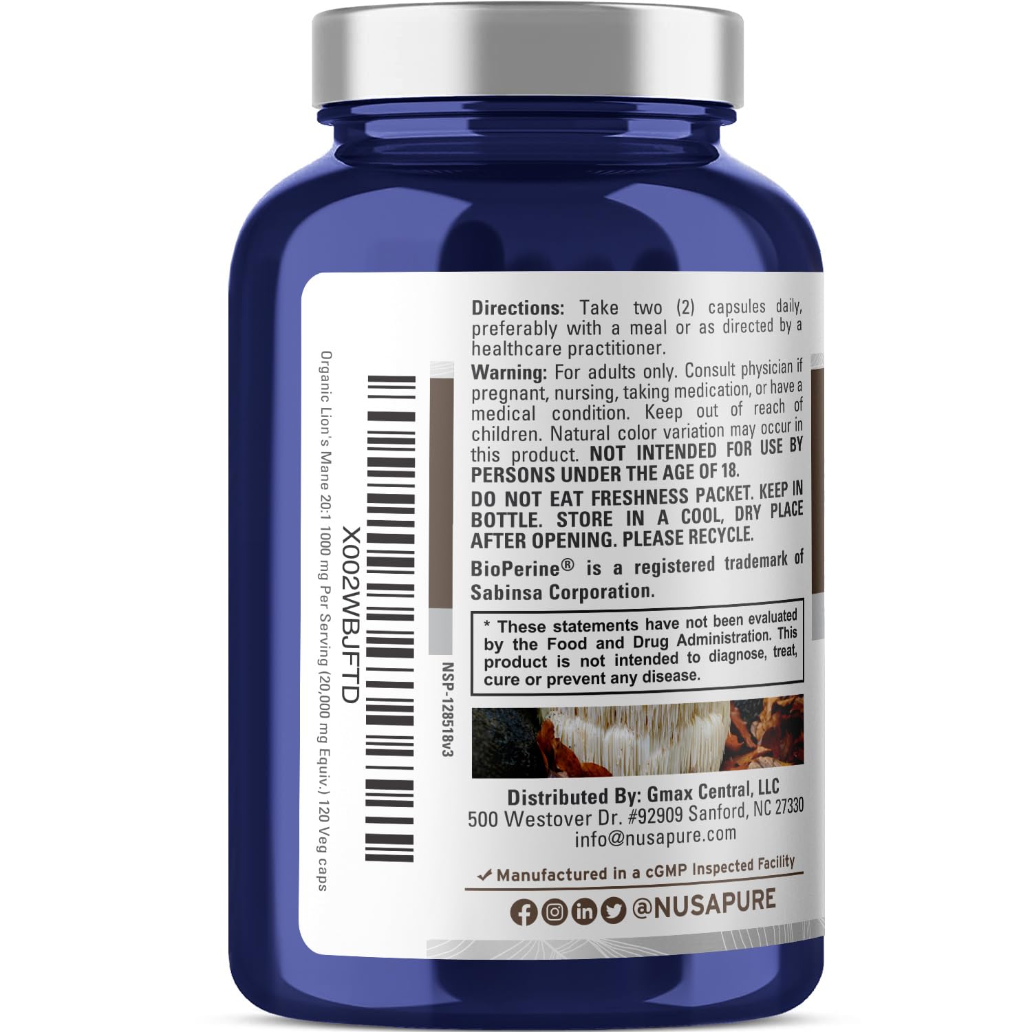 NusaPure Lions Mane 20:1 Extract (20,000 mg Equivalent) - Made with Organic Lion`s Mane, Bioperine - 30% Polysaccharides - 120 Veggie Caps. Non-GMO, Gluten Free NusaPure Au supplements
