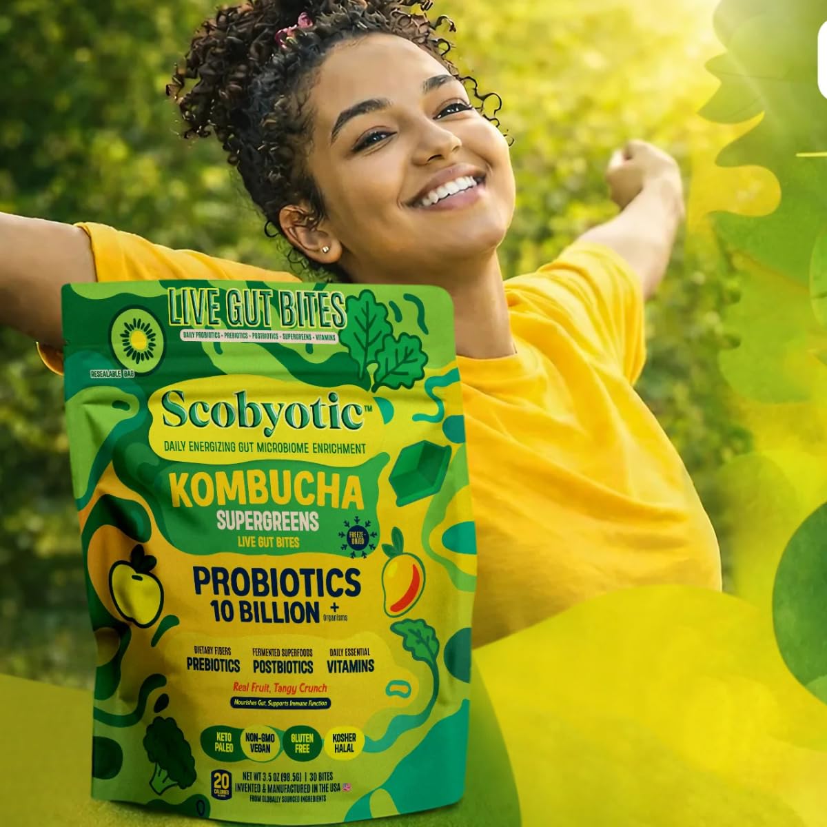 Scobyotic® Kombucha Supergreens Live Gut Bites – 10 Billion CFU Probiotics + Prebiotics & Postbiotics – Kombucha & Supergreens – Freeze-Dried Probiotic Supplement Scobyotic Au supplements