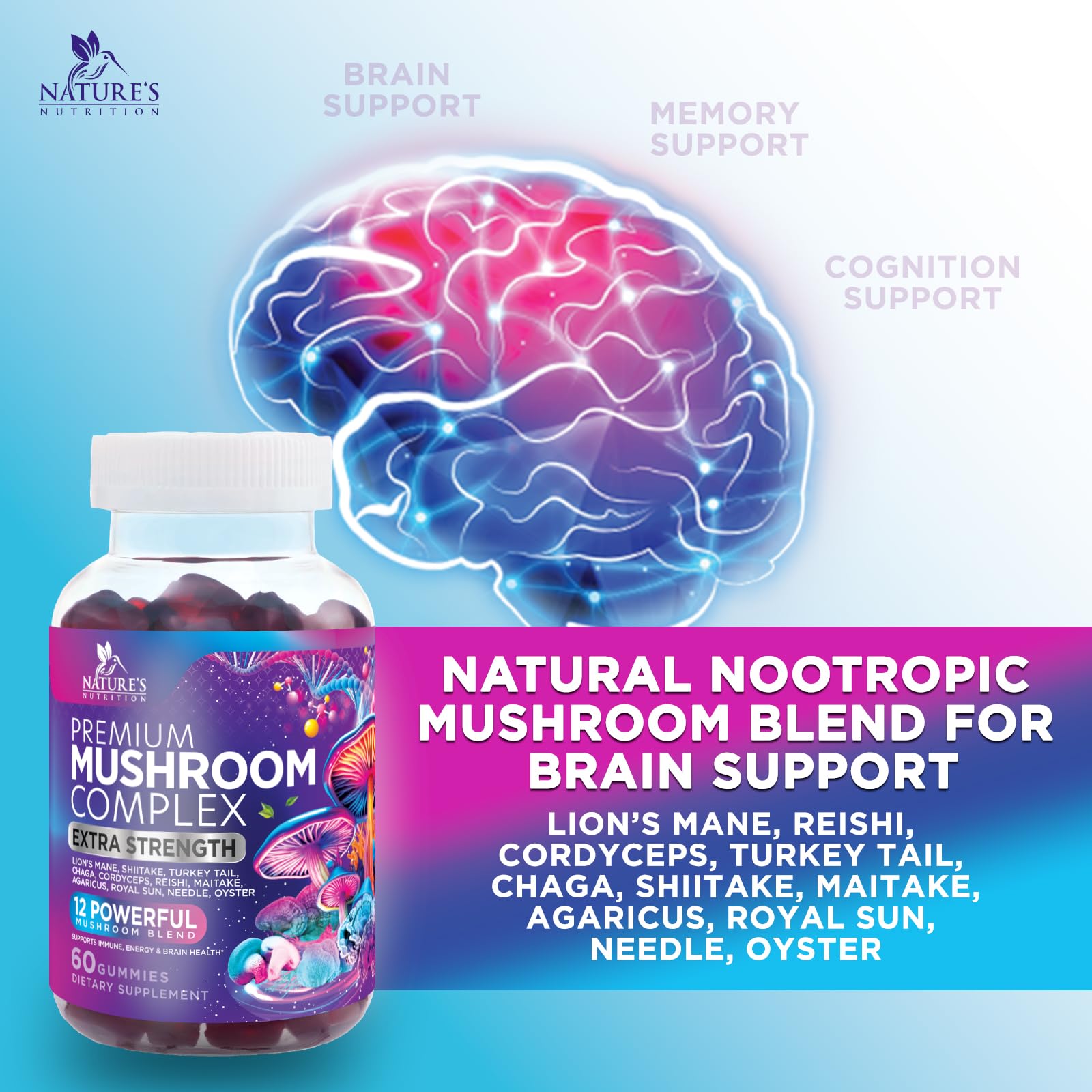 Mushroom Gummies Supplement 12 in 1 - High Grade Blend for Adults with Lions Mane, Reishi, Cordyceps, & Chaga Mushroom Complex Gummy, Memory & Immune Support & Nootropic Brain Supplements - 60 Gummies Nature's Nutrition Au supplements