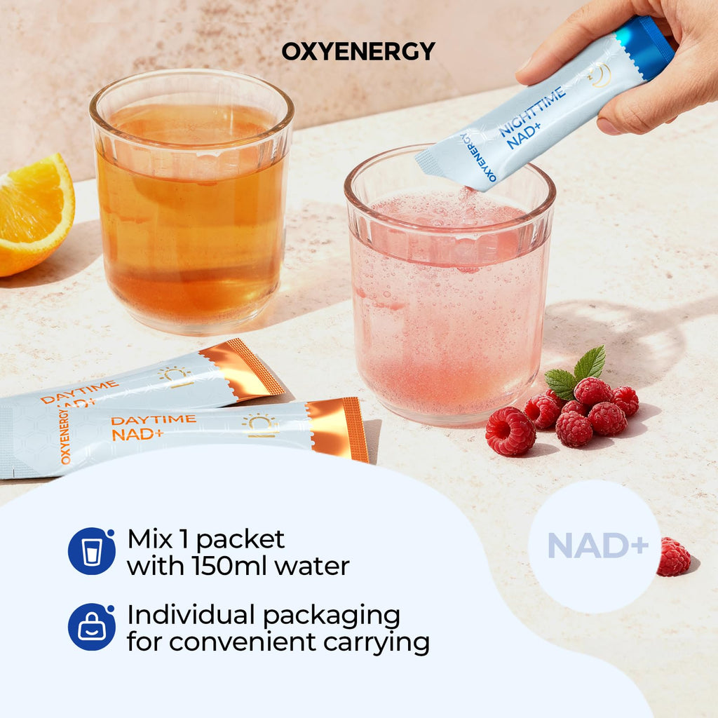 OxyEnergy NAD Supplement 1550 mg-Daytime Nicotinamide Riboside + Nighttime L-Tryptophan with Resveratrol, Glutathione, PQQ, 24-Hour Nonstop Energy, Anti-Aging & Cellular Renewal, 28 Packets OxyEnergy Au supplements