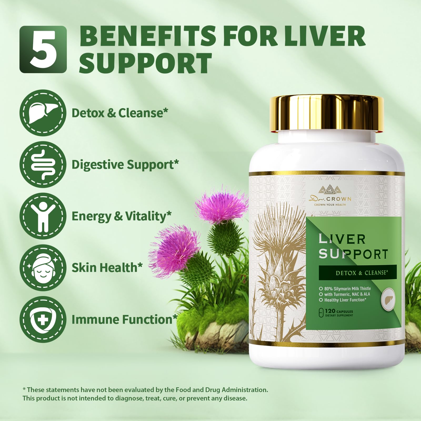 DR. Crown Liver Cleanse Detox & Repair - Milk Thistle Supplement, with Silymarin, N-Acetyl Cysteine(NAC), Artichoke, Turmeric & Dandelion for Liver Detox, Cleanse, Gluten Free, Non-GMO - 120 Capsules DR. CROWN Au supplements