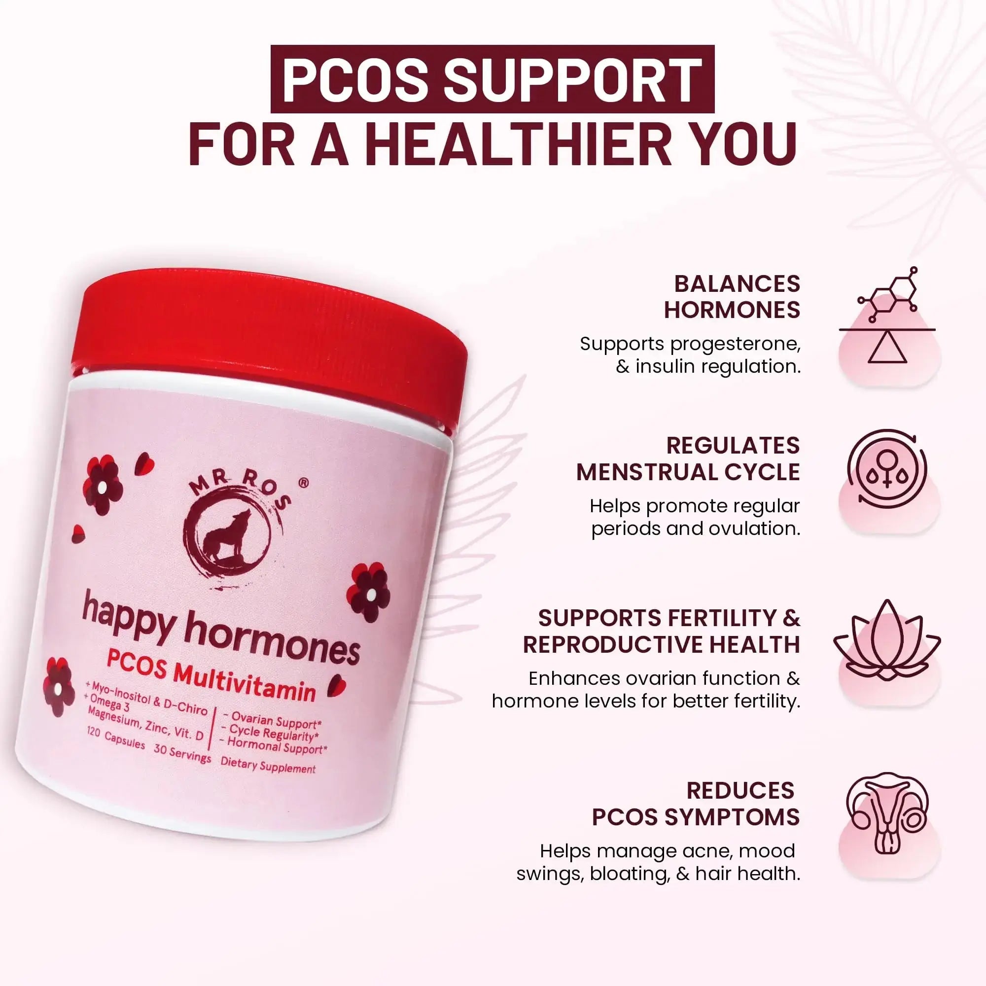 Mr Ros PCOS Multivitamin for Women – Happy Hormones Formula – Myo & D-Chiro Inositol 40:1, Omega-3, Vitamin D3, Zinc & Magnesium Mr Ros Au supplements