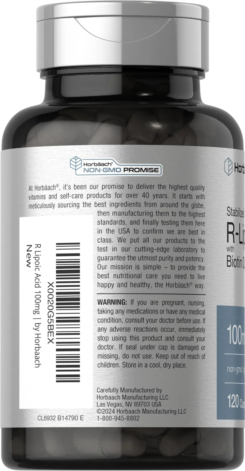 R-Lipoic Acid 100 mg | 120 Capsules | with Biotin Optimizer | Non-GMO, Gluten Free Horbäach Au supplements