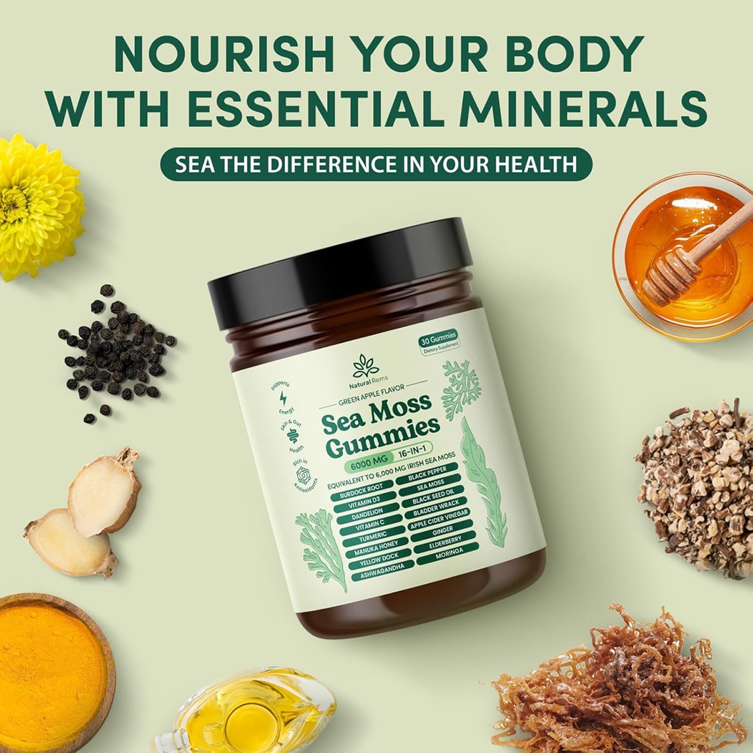 Natural Rems Sea Moss Gummies 16-in-1 - Ashwagandha Black Seed Oil Bladder Wrack Turmeric Vitamin C & D3 with Manuka Burdock Root Dandelion Yellow