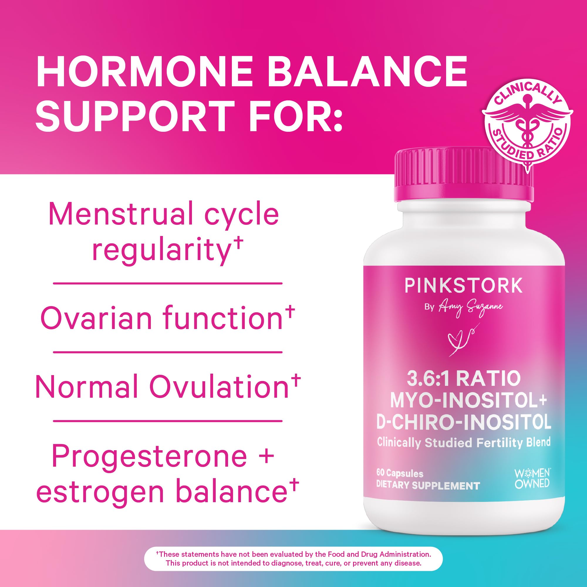 Pink Stork Myo-Inositol & D-Chiro Inositol: 3.6:1 Blend to Support Fertility, Hormone Balance for Women - Ovarian Function, Ovulation, Conception, and Period Support Supplement - 60 Capsules Pink Stork Au supplements