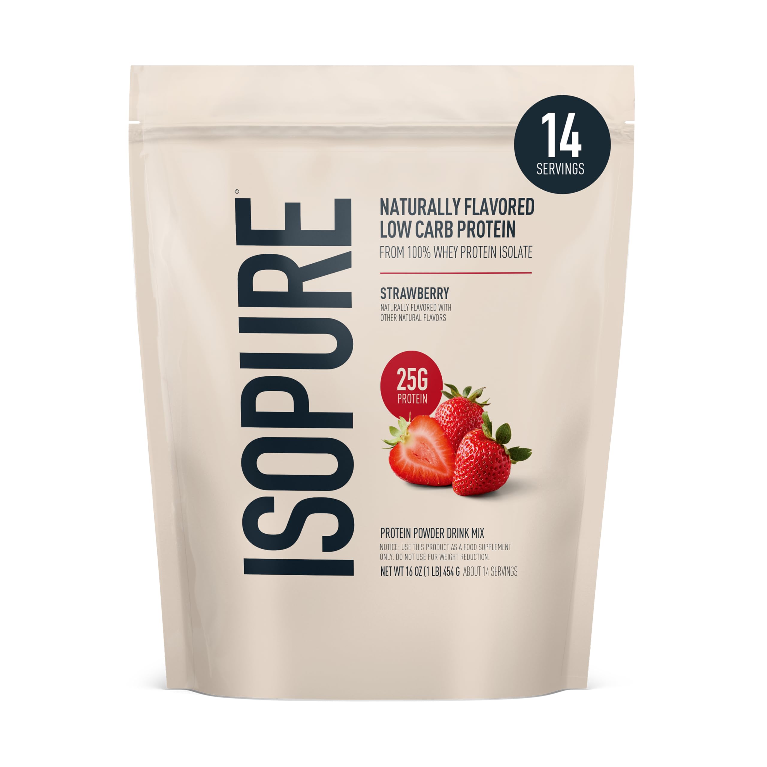 Isopure Low Carb 100% Pure Whey Isolate Protein Powder, Lactose Free, Gluten Free, With Vitamins, Strawberry, 25g Protein Per Serving, 1 Lb, 14 Servings (Packaging May Vary)