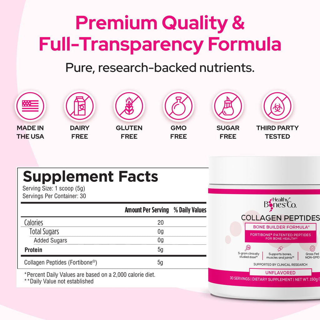 FORTIBONE Collagen Peptides Essential Bone Builder Hydrolyzed Collagen Powder for Women & Men, Clinically-Supported for Bone Strength & Density
