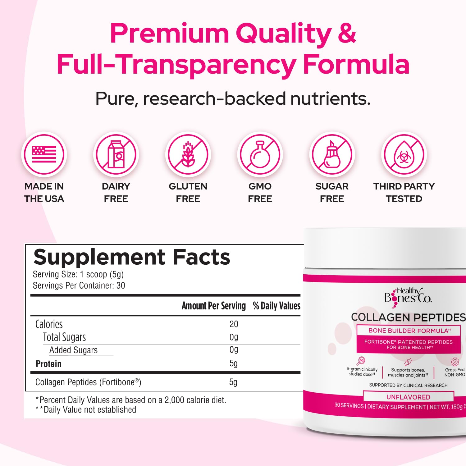 FORTIBONE Collagen Peptides Essential Bone Builder Hydrolyzed Collagen Powder for Women & Men, Clinically-Supported for Bone Strength & Density