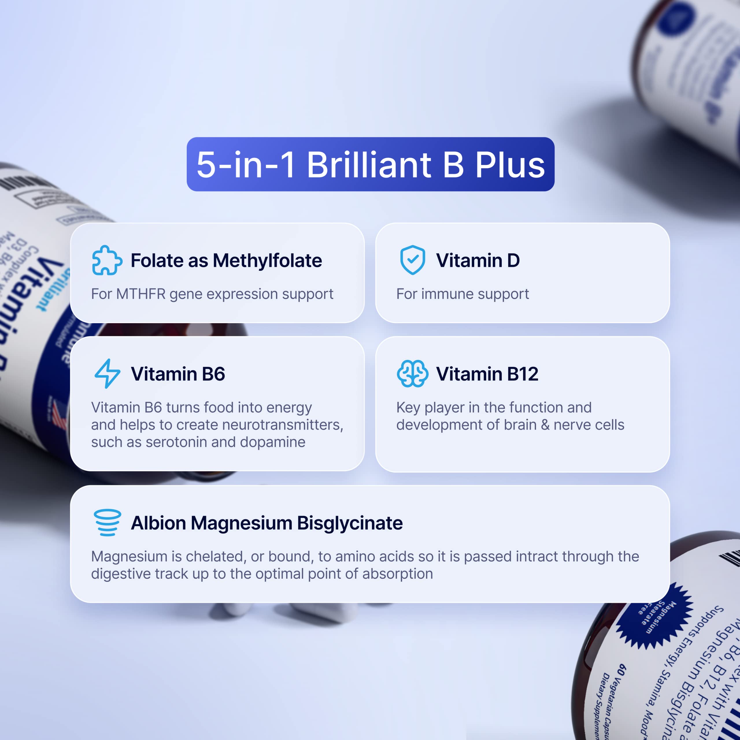 AgeImmune Vitamin B Complex with Vitamin D3 B12 B6 Magnesium Bisglycinate and Folate as Methylfolate - Doctor Formulated Methylated B Complex Supplement