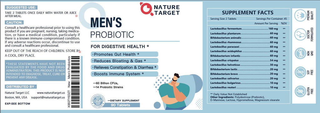 NATURE TARGET Probiotics for Men with Men Care Supplement, Prebiotics & Probiotic for Men's Digestive and Immune Health,60 Billion CFUs & 14 Strains Shelf Stable,