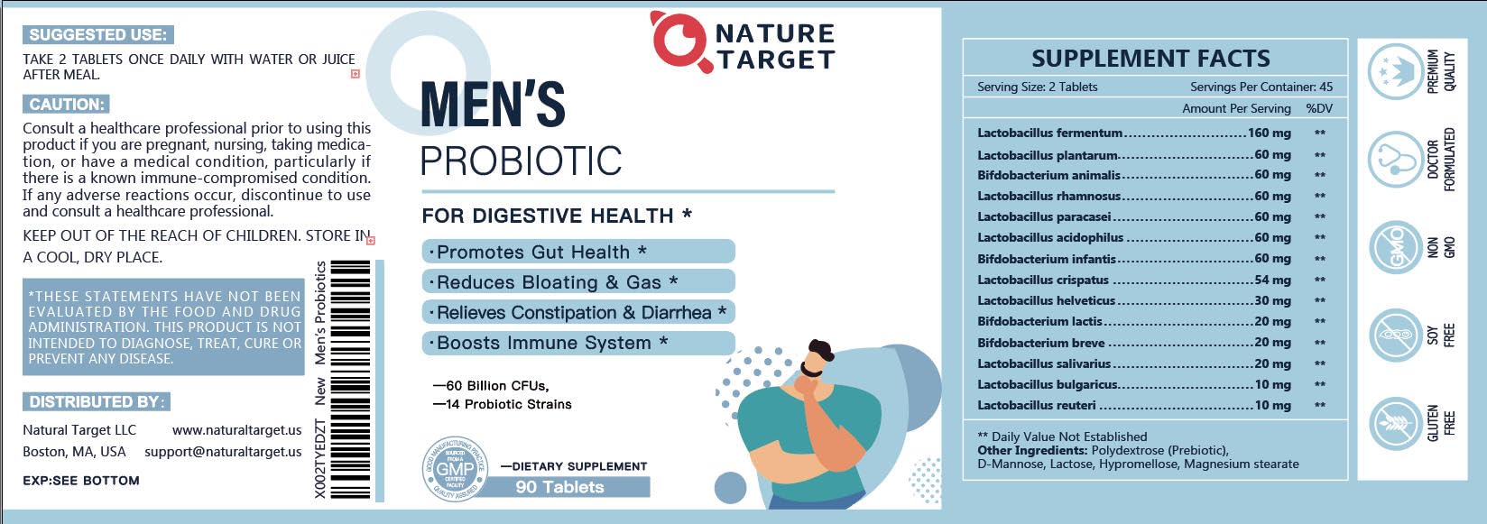 NATURE TARGET Probiotics for Men with Men Care Supplement, Prebiotics & Probiotic for Men's Digestive and Immune Health,60 Billion CFUs & 14 Strains Shelf Stable,