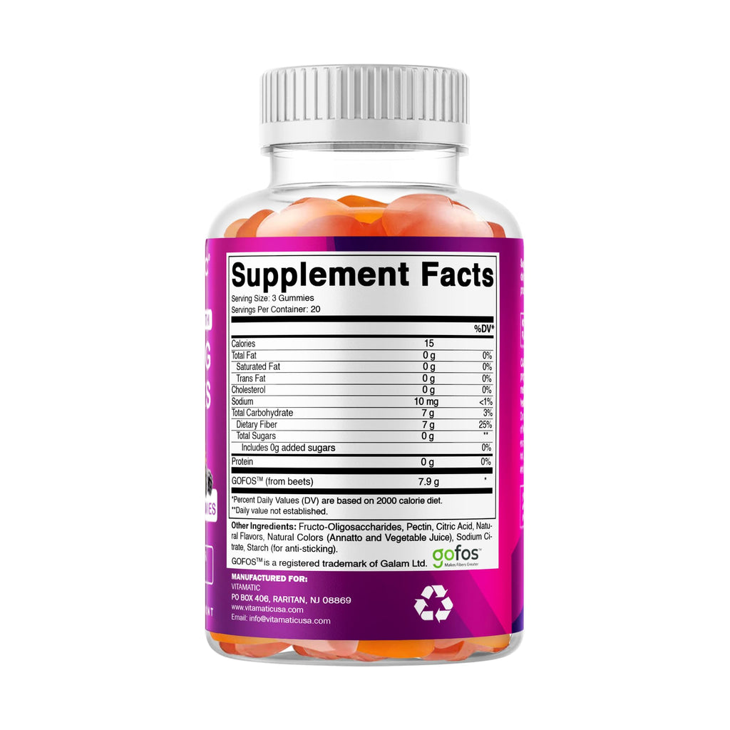 Vitamatic Prebiotic Fiber Gummies for Adults – 2 Pack (Total 120 Gummies) 7g Fiber per Serving | Extra Strength | Zero Sugar Added | Pectin-Based