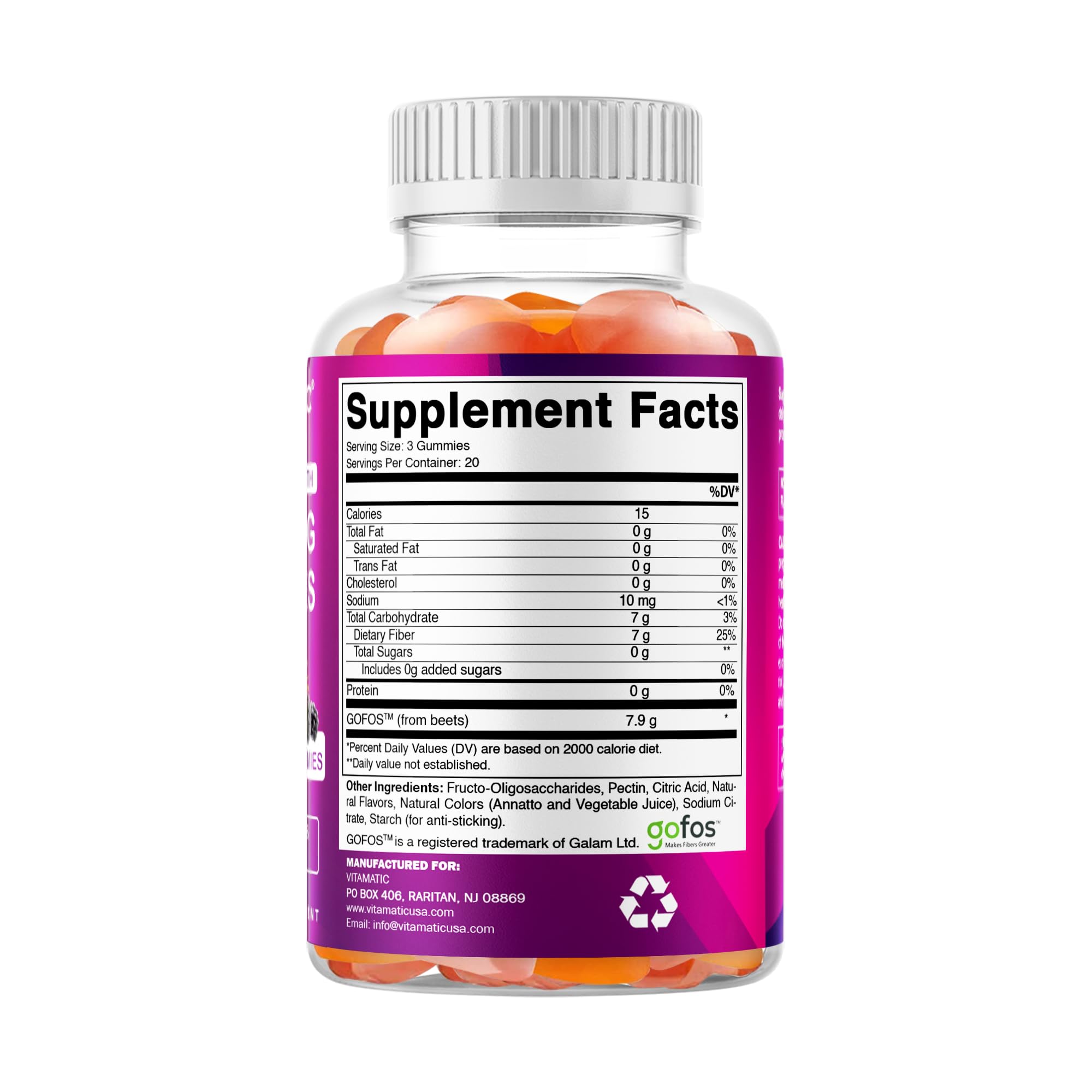 Vitamatic Prebiotic Fiber Gummies for Adults – 2 Pack (Total 120 Gummies) 7g Fiber per Serving | Extra Strength | Zero Sugar Added | Pectin-Based