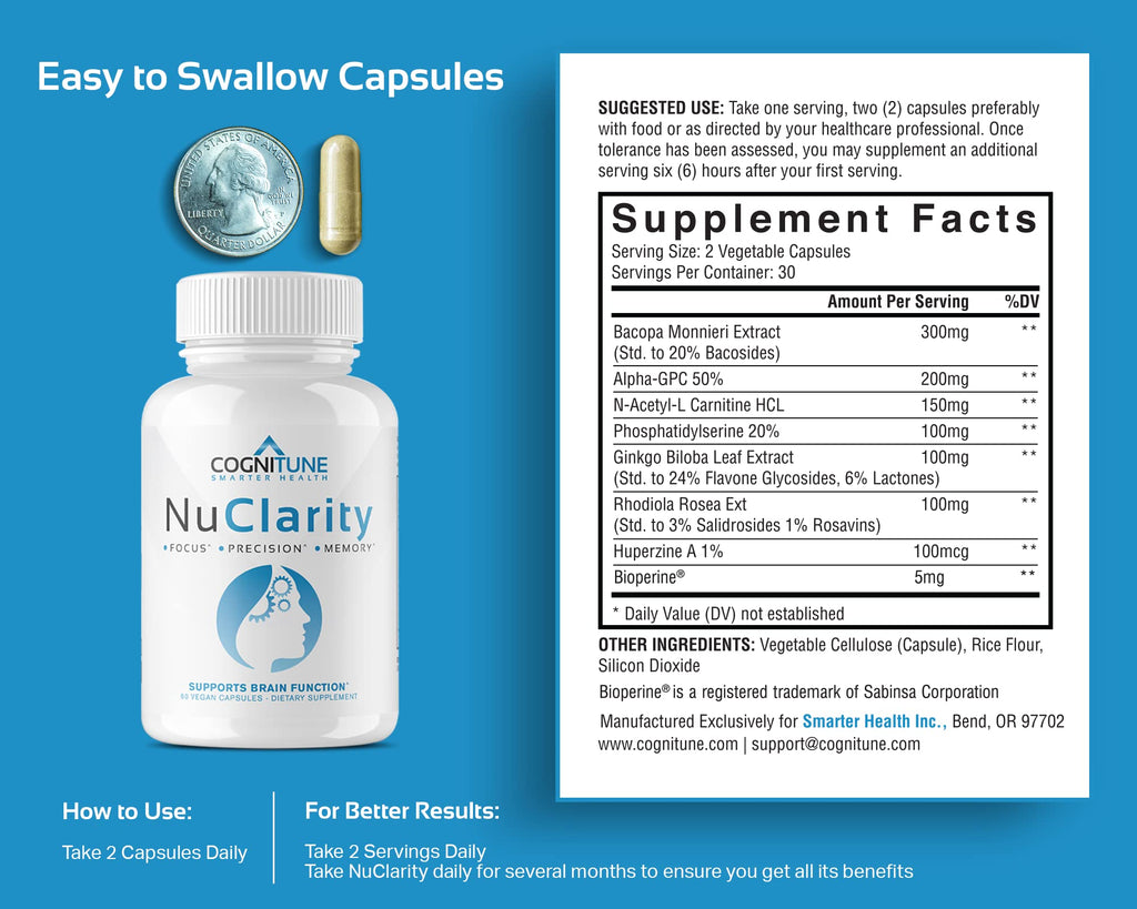 CogniTune NuClarity Brain Supplement for Memory and Focus - Caffeine-Free Nootropic for Mental Clarity Without Jitters - with Ginkgo Biloba, Bacopa Monnieri, Alpha-GPC for Cognitive Support CogniTune Au supplements