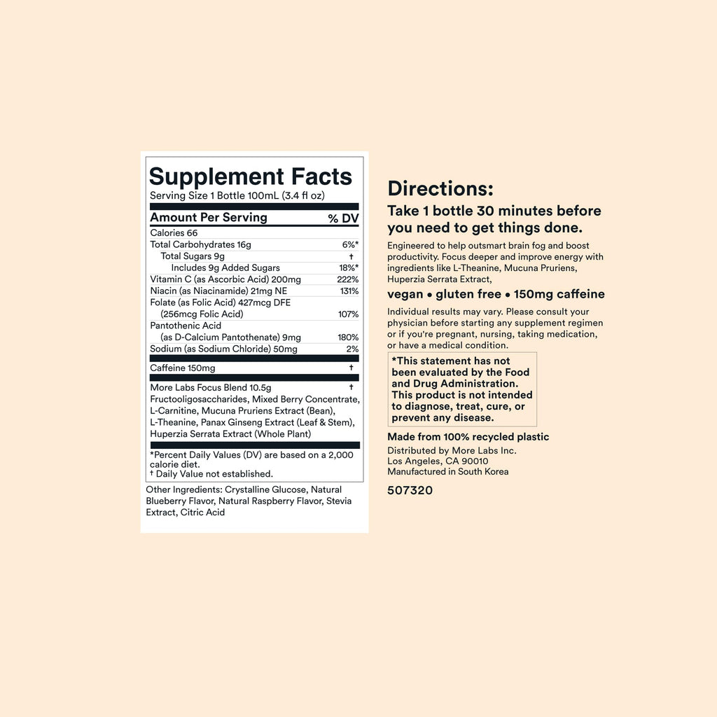 More Labs Liquid Focus, Nootropic Smart Drink with Powerful Antioxidants & Adaptogenic Herbs for Energy and Concentration, 150mg Caffeine (Pack of 12) More Labs Au supplements