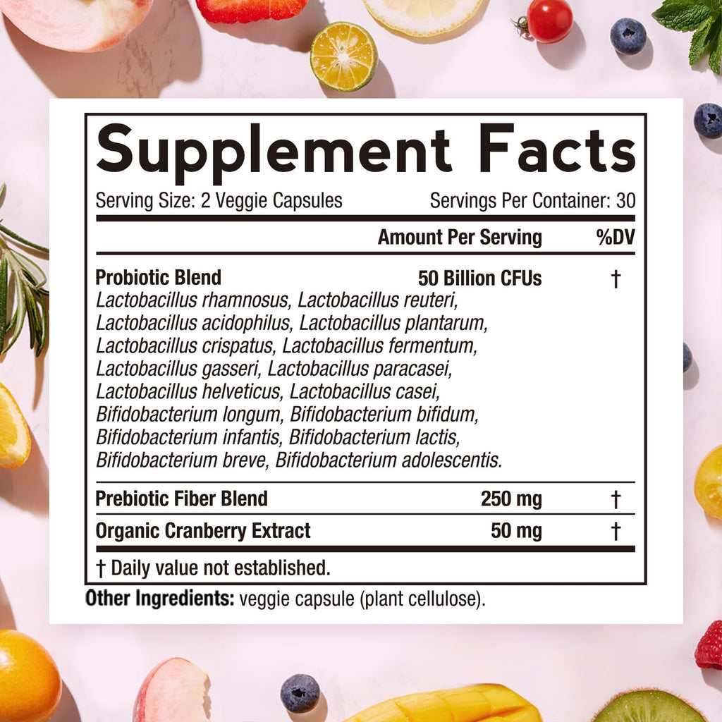Doctor's Recipes Women's Probiotic, 60 Caps 50 Billion CFU 16 Strains, with Organic Cranberry, Digestive Immune Vaginal & Urinary Health, Shelf Stable