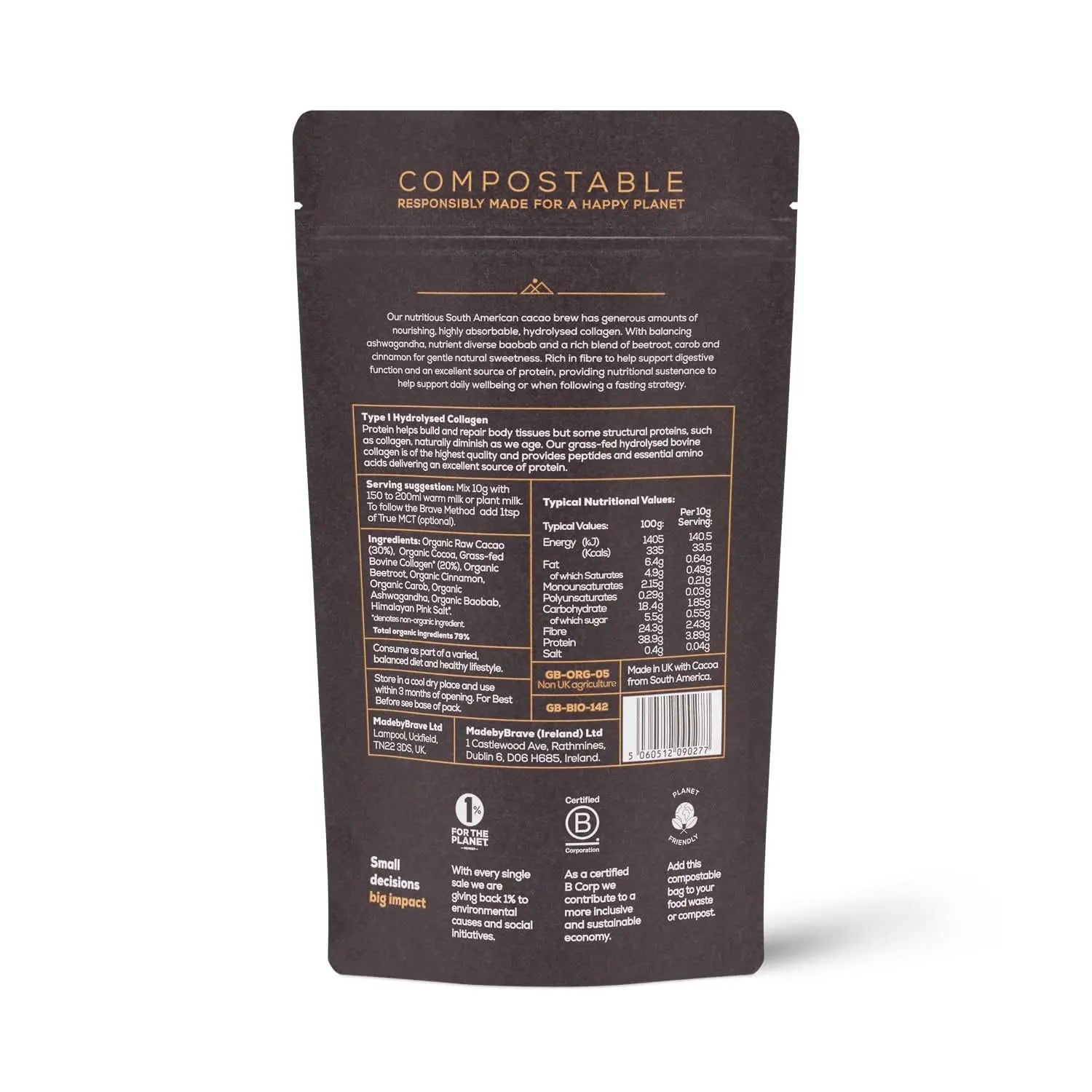 Ancient + Brave - Cacao + Collagen Powder 250g - Peruvian Raw Cacao Hot Chocolate with Grass Ancient + Brave Au supplements