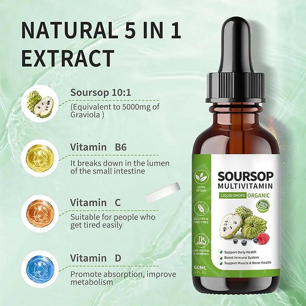 Soursop Bitters Liquid 2 Fl Oz, Soursop Graviola Leaf Extract Liquid Drop, Soursop Multivitamin Liquid Drops Organic for Cell Support, Immune System, Relax bogomo Au supplements