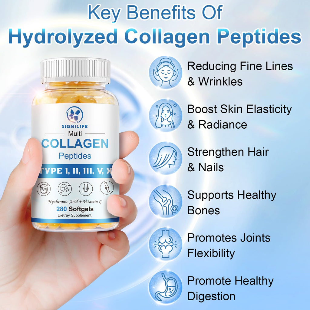 SIGNILIFE Multi Collagen Peptides for Women & Men, Hydrolyzed Collagen Peptides-Type I, II, III, V, X - with Hyaluronic Acid,Vitamin C,Biotin