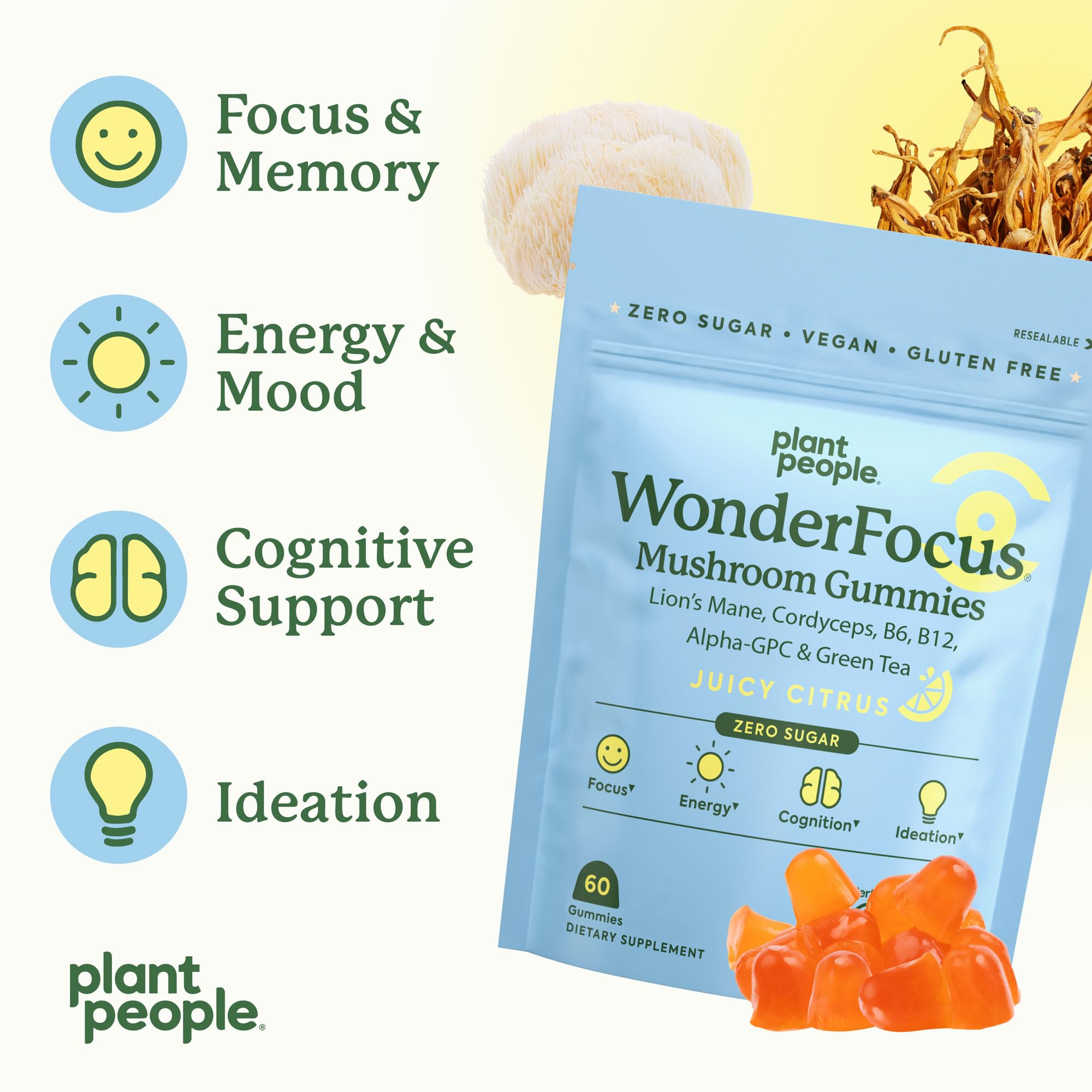 Plant People WonderFocus Mushroom Gummies with Lion’s Mane & Cordyceps - Nootropic Brain Supplement Boosts Memory, Focus, Energy & Mood in Adults | No Sugar, 100% Vegan, Citrus Flavor, 60 Count Plant People Au supplements