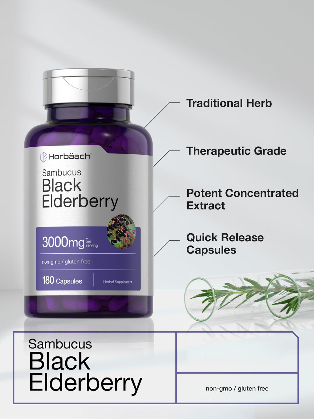 Horbäach Black Elderberry | 180 Count | Non-GMO, Gluten Free | Sambucus Extract Supplement