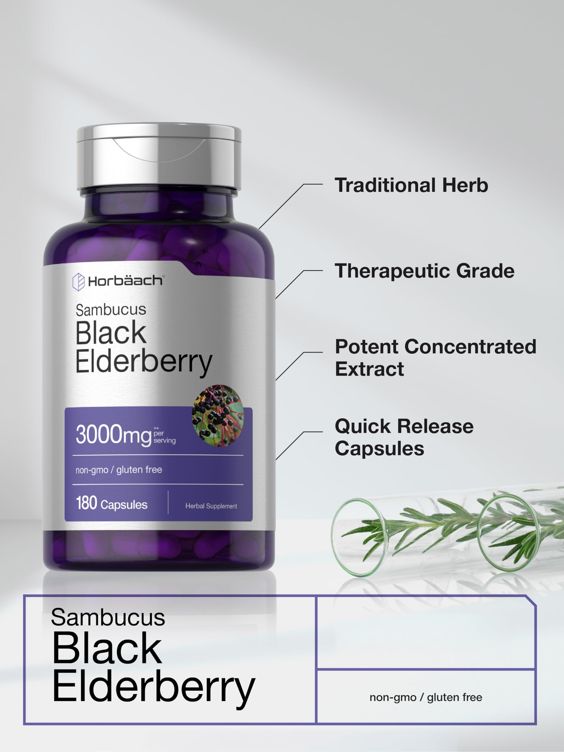 Horbäach Black Elderberry | 180 Count | Non-GMO, Gluten Free | Sambucus Extract Supplement