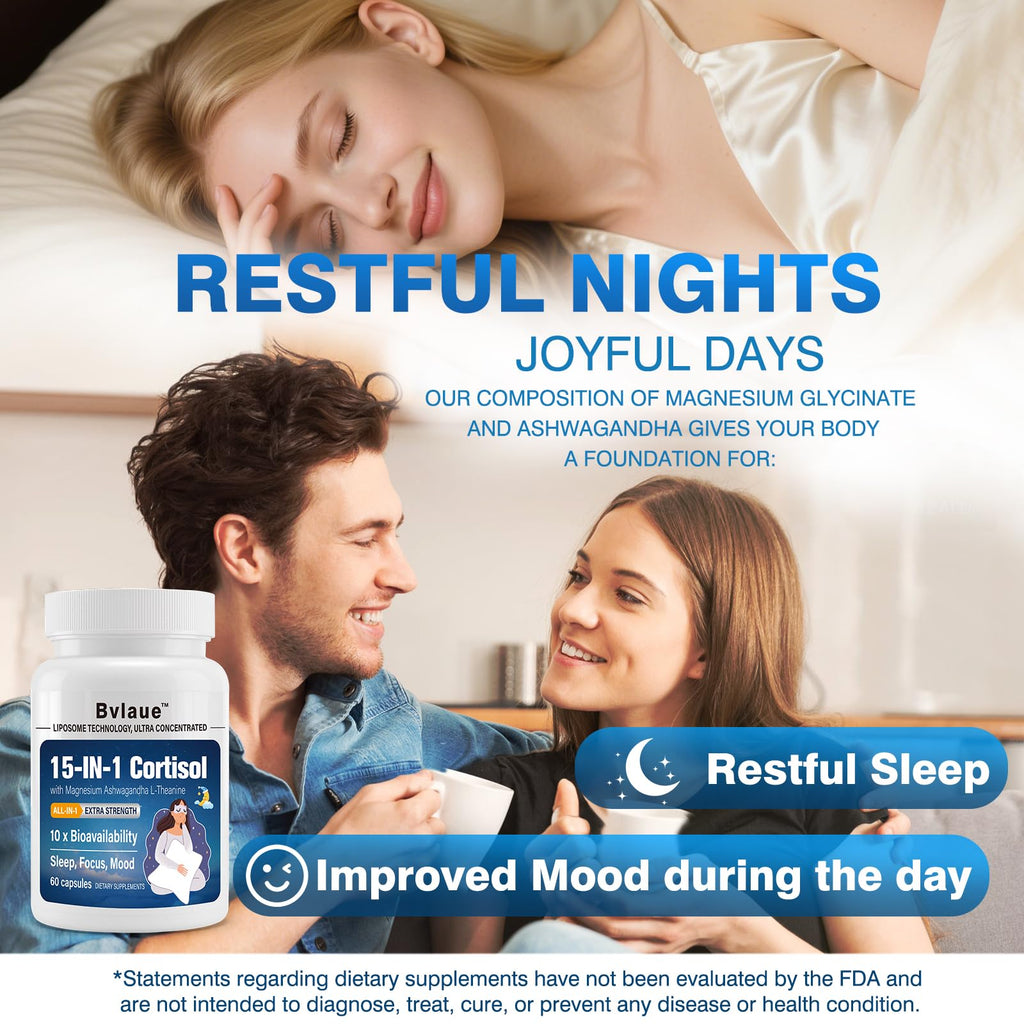 Bvlaue Cortisol Supplements for Women & Men - 15-in-1 Cortisol Reducer Manager Lower w/Ashwagandha,Magnesium,L-Theanine/Saffron Vitamin B6 & B12,60 Vegan CT for Stress Relief Sleep,Mood,Non-GMO Bvlaue Au supplements