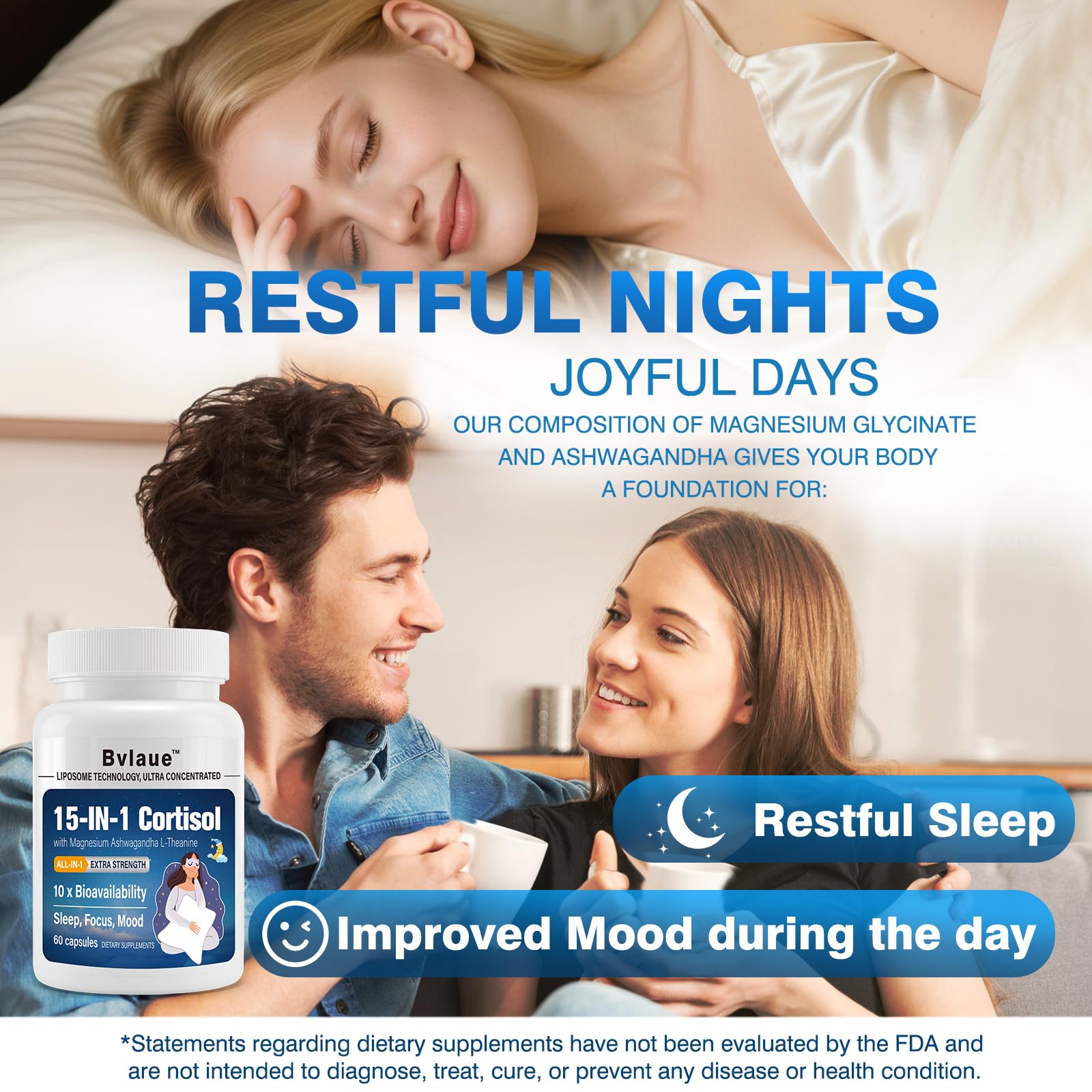 Bvlaue Cortisol Supplements for Women & Men - 15-in-1 Cortisol Reducer Manager Lower w/Ashwagandha,Magnesium,L-Theanine/Saffron Vitamin B6 & B12,60 Vegan CT for Stress Relief Sleep,Mood,Non-GMO Bvlaue Au supplements