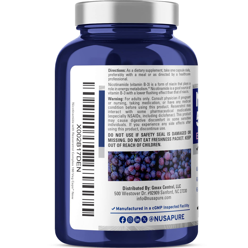 NusaPure Nicotinamide with Resveratrol (Vitamin B-3) 500 mg - 180 Vegetarian Caps (Non-GMO & Vegan) NusaPure Au supplements