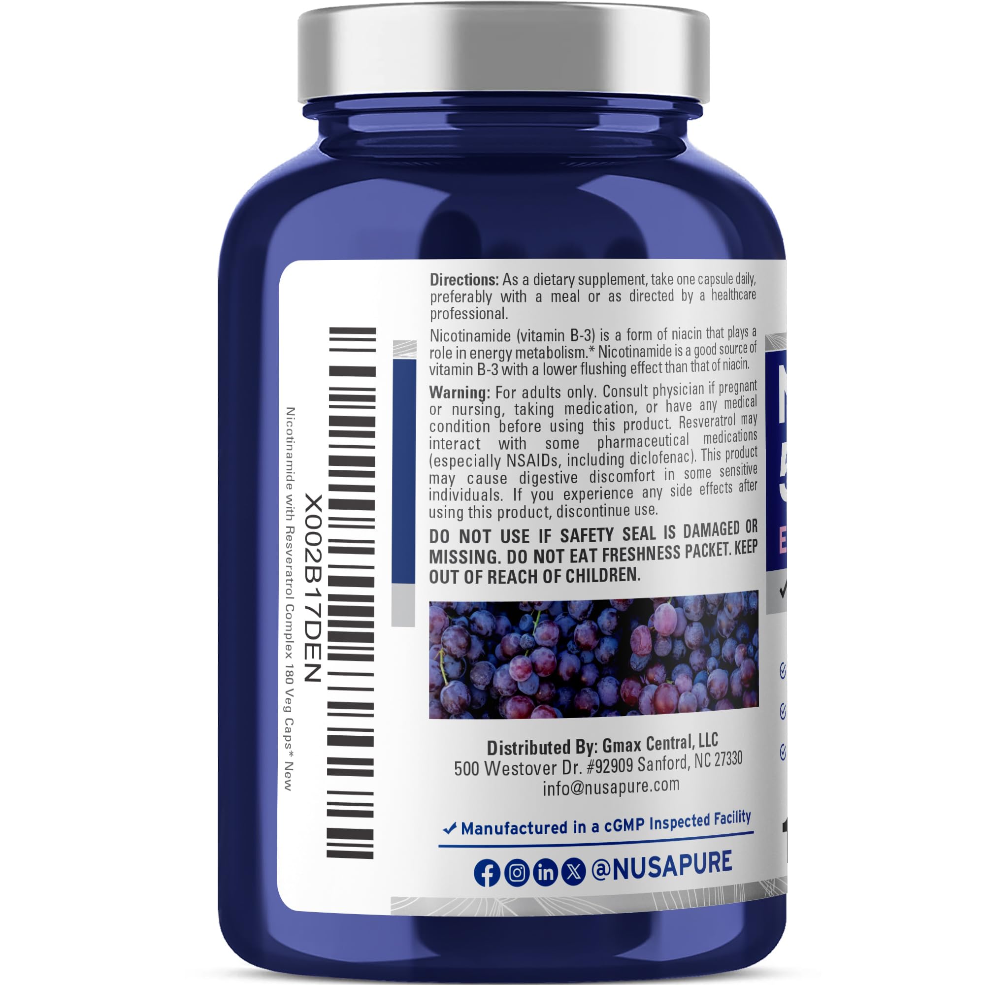 NusaPure Nicotinamide with Resveratrol (Vitamin B-3) 500 mg - 180 Vegetarian Caps (Non-GMO & Vegan) NusaPure Au supplements