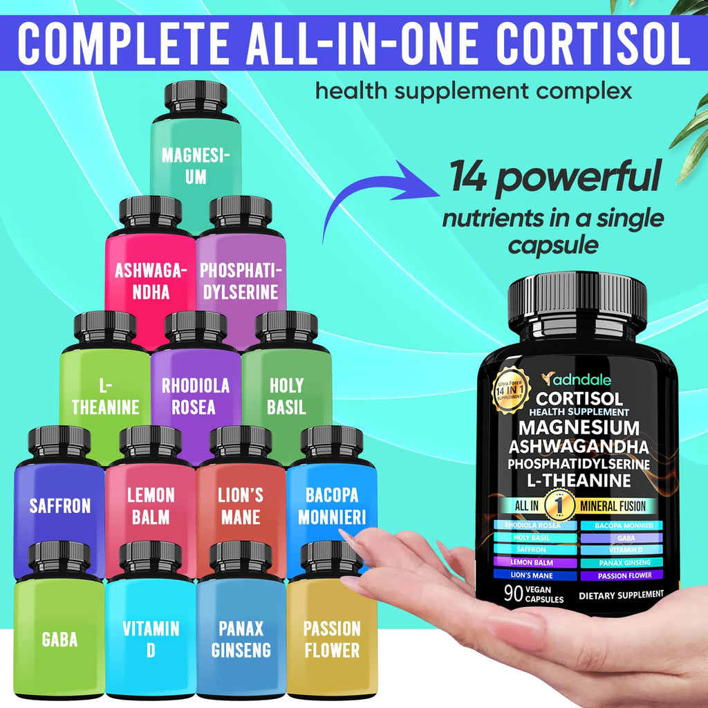 Adndale Cortisol Supplements for Women. Cortisol Reducer 14-in-1 Ashwagandha Supplement with Magnesium Glycinate, L-Theanine & More. 90 Capsules. Adndale Au supplements