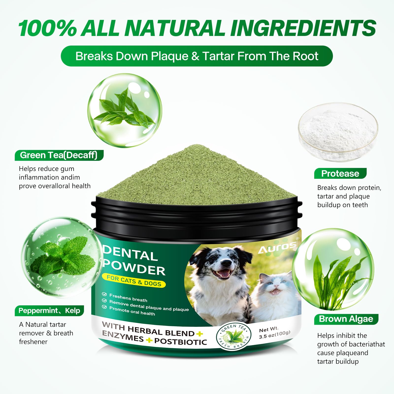 Dog Dental Powder for Teeth Cleaning Plaque & Bad Breath Off, Dental Powder for Dogs Teeth with Natural Herbal Blend & Postbiotics, Dog Teeth Cleaning Powder with Enzymes for Dogs & Cats (3.5oz) AUROS Au supplements