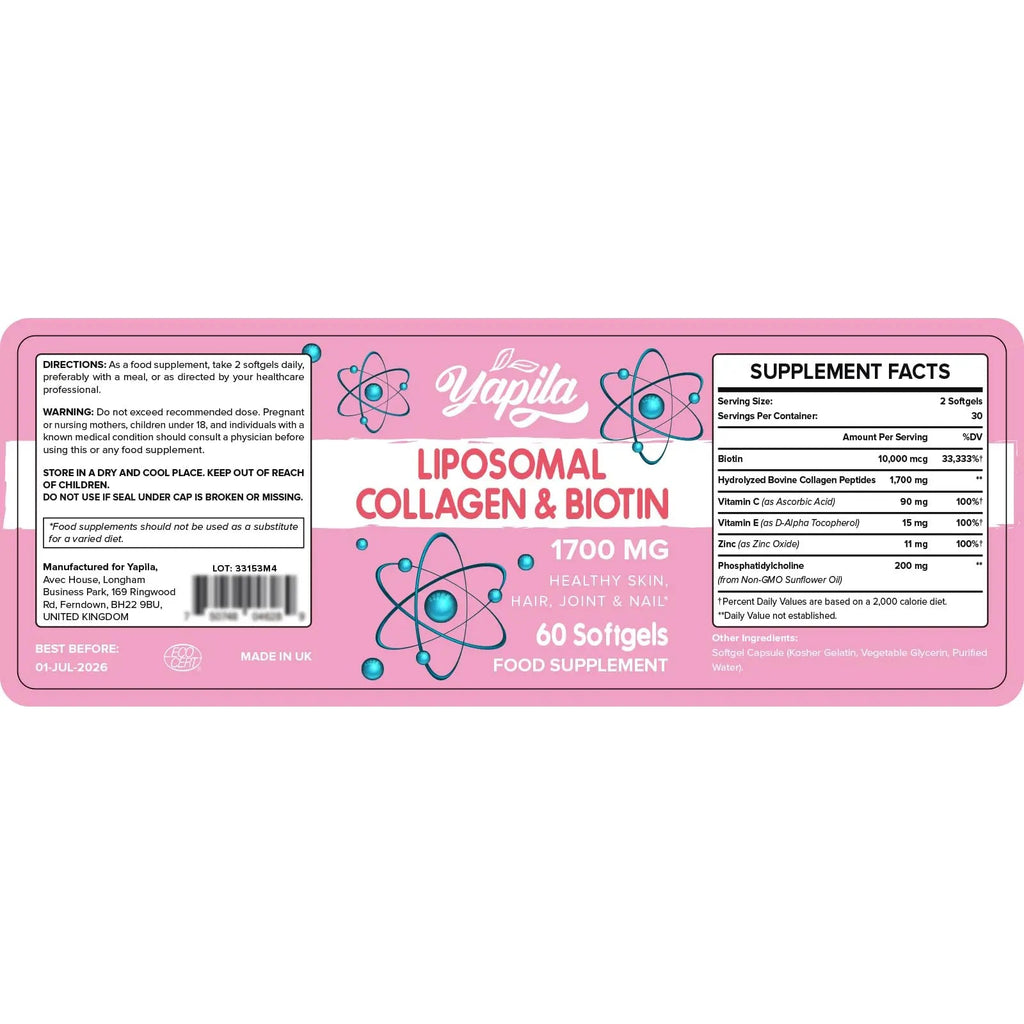 Liposomal Collagen Biotin Capsules, Hydrolyzed Bovine Collagen Peptides 1700 mg, Types 1 & 3 Protein Yapila Au supplements