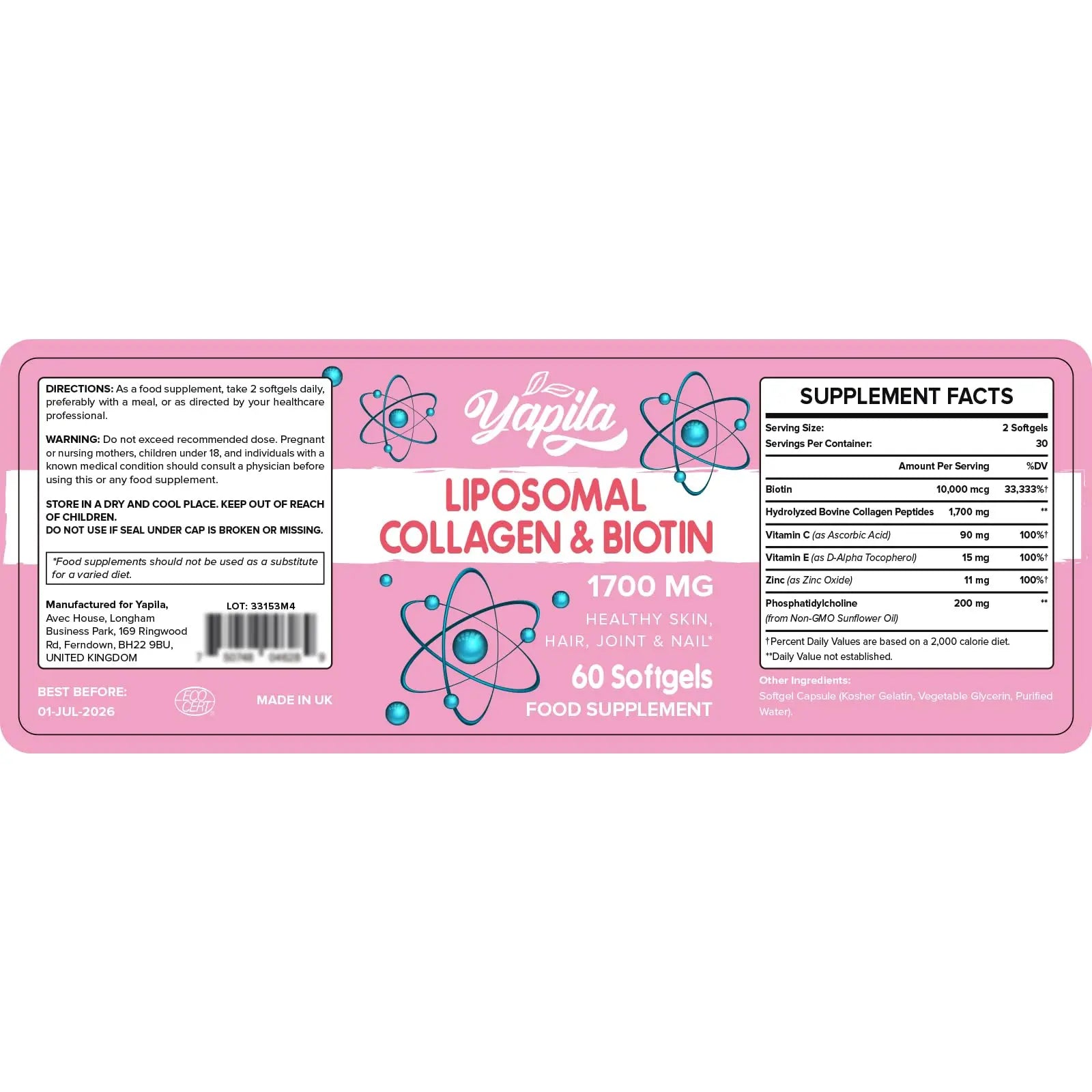 Liposomal Collagen Biotin Capsules, Hydrolyzed Bovine Collagen Peptides 1700 mg, Types 1 & 3 Protein Yapila Au supplements