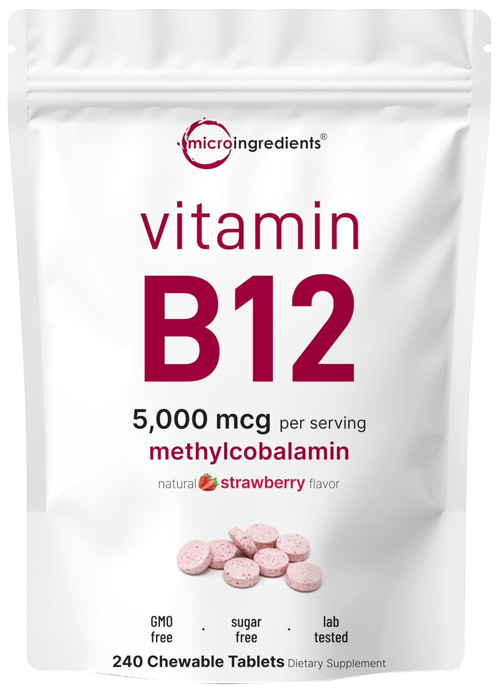 Micro Ingredients Vitamin B12 5,000 mcg | Methylcobalamin – 240 Chewable Tablets | Fast Dissolve, Natural Strawberry Flavor