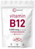 Micro Ingredients Vitamin B12 5,000 mcg | Methylcobalamin – 240 Chewable Tablets | Fast Dissolve, Natural Strawberry Flavor