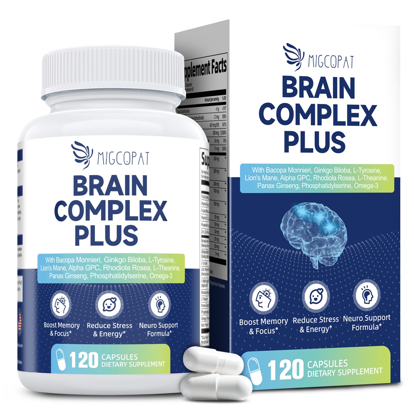 Brain Supplements for Memory & Focus - Nootropic with Bacopa Monnieri, Lion's Mane, Alpha GPC, Phosphatidylserine | Supports Mental Clarity & Cognitive Function | Vitamin B6 & B12-120 Capsules Migcopat Au supplements