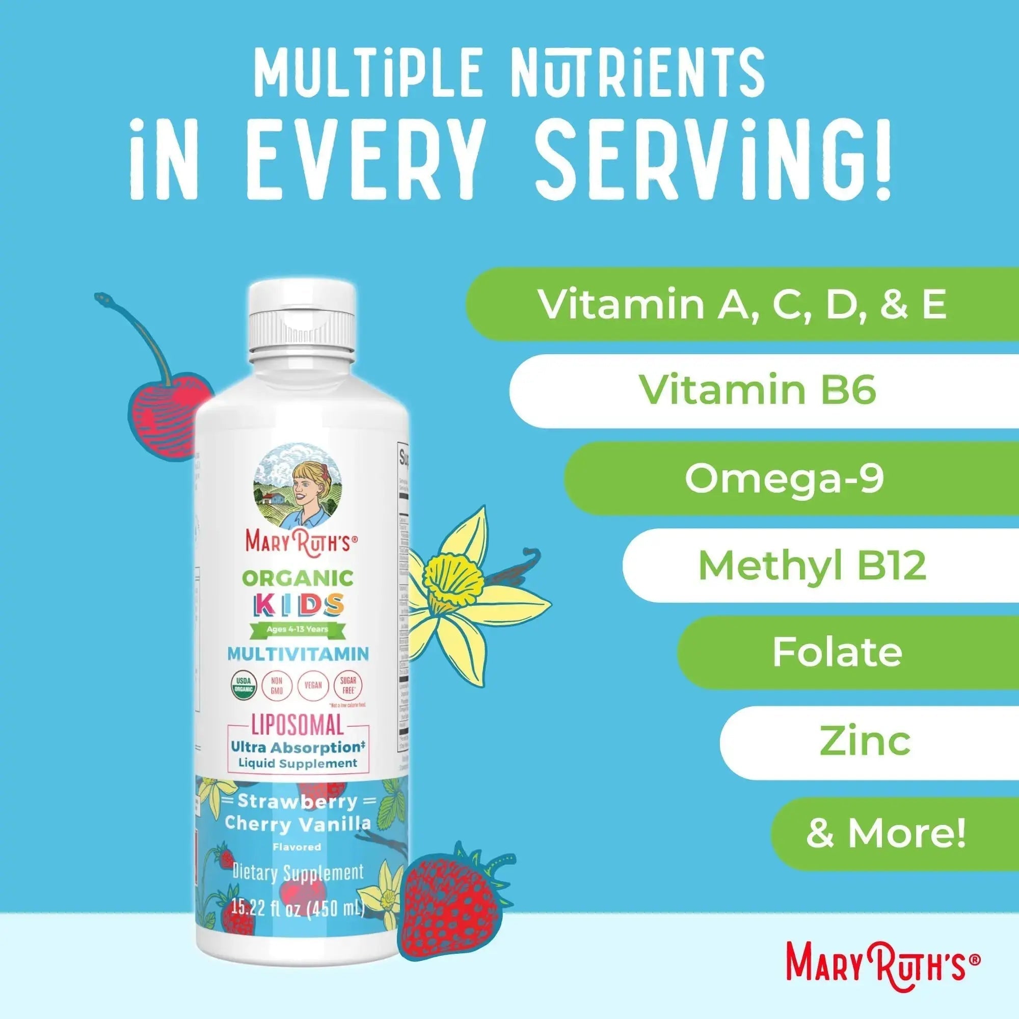 MaryRuth Organics Kids Multivitamin Liposomal (Strawberry Cherry & Vanilla) & Vitamin D3 Liposomal (Mixed Berry) Clean Label Project Verified MARYRUTH'S Au supplements