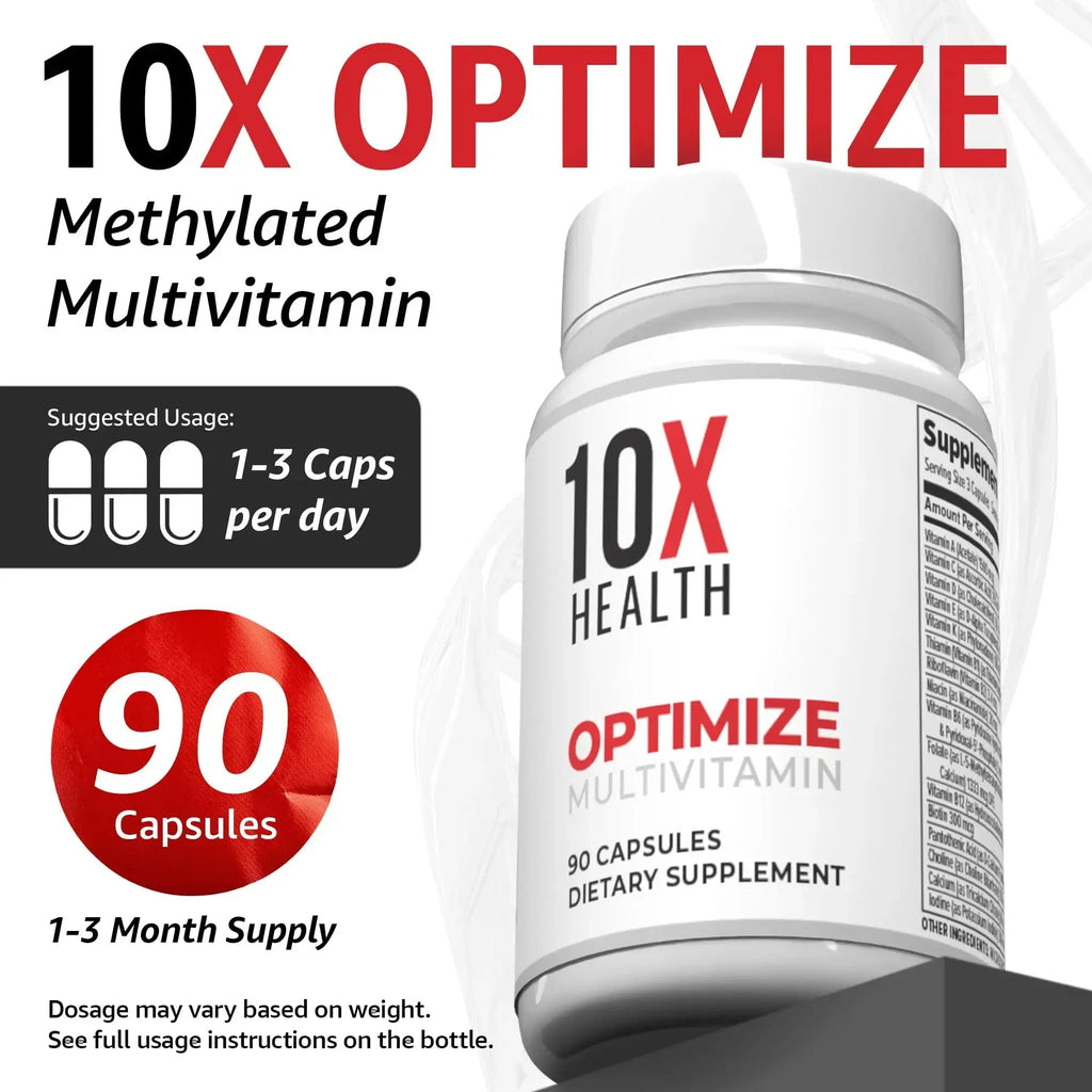 10X Health Optimize Multivitamin for Men - 90 Capsules, Methylated Multivitamin 34 in 1 Formula with 800 mcg of Vitamin B12, 5-MTHF, NAC - Methyl B Complex 10X Health System Au supplements