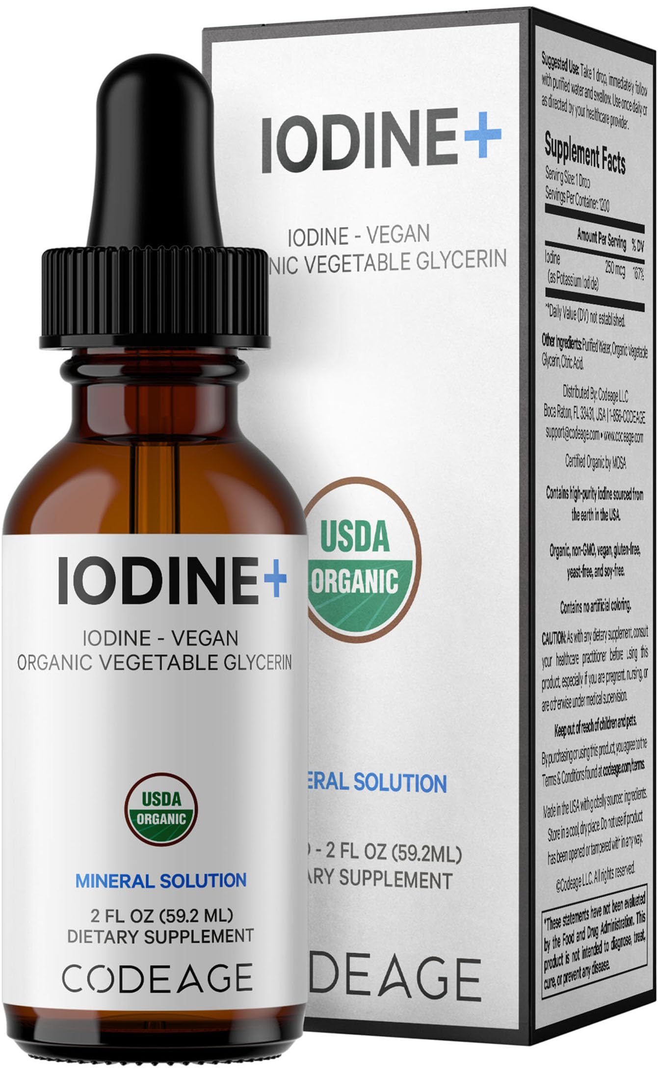 Codeage USDA Certified Organic Iodine Drops - 250 Mcg Per Serving - 1+ Year Supply - Liquid Iodide Supplement - Pure, Clear Iodine - Vegan Potassium Iodine Liquid Drop - 2 fl oz Codeage Au supplements