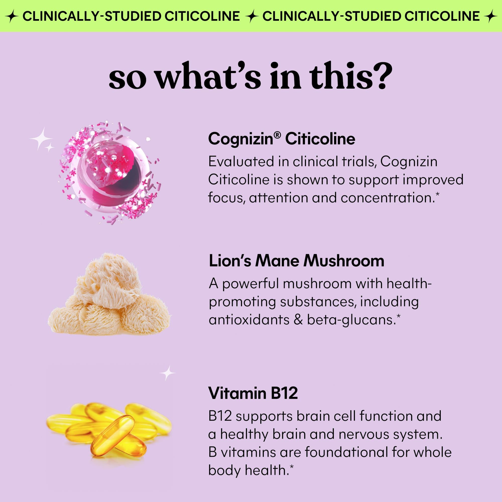 Lemme Focus Concentration & Brain Health Gummies with Cognizin Citicoline, Lion's Mane Mushroom, Vitamin B12 to Support Focus + Concentration