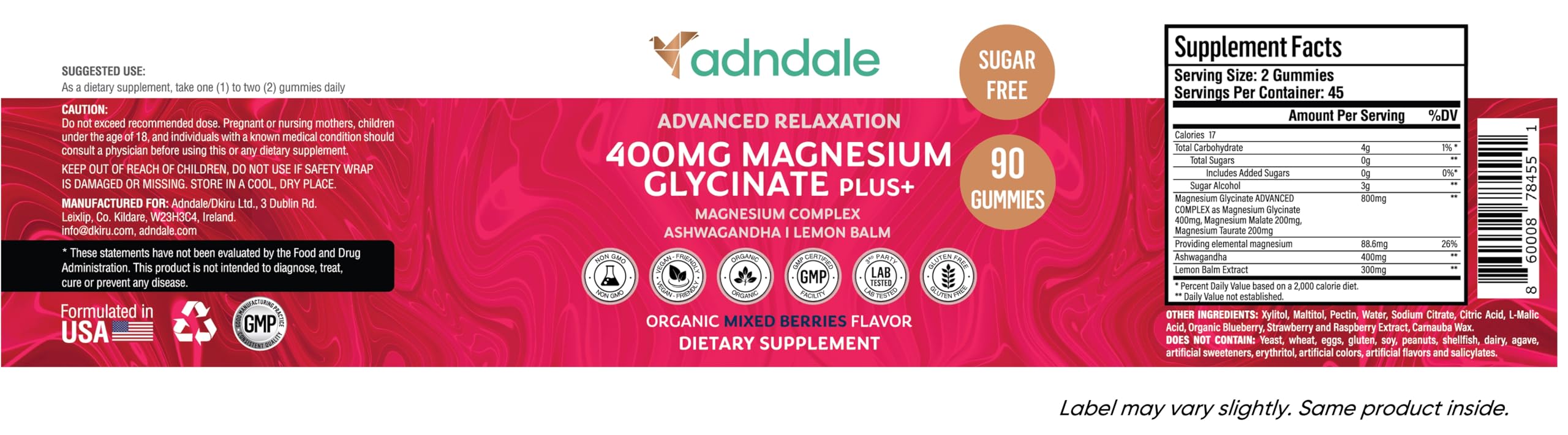 Adndale 180 CT Magnesium Glycinate Gummies 400 mg/Serv with Ashwagandha, Magnesium Malate & Taurate