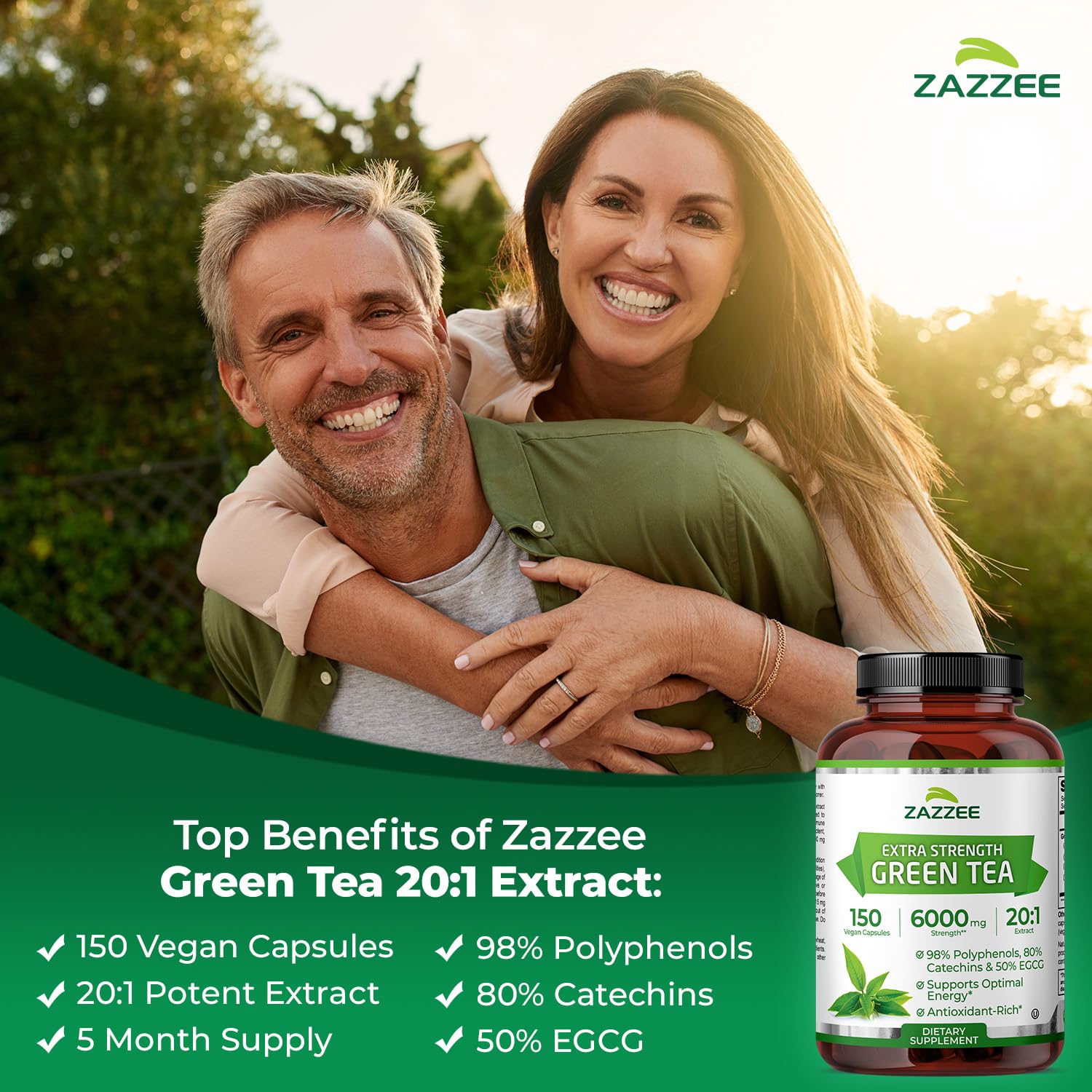 Zazzee Extra Strength Green Tea 20:1 Extract, 50% EGCG, 98% Polyphenols, 80% Catechins, 150 Vegan Capsules, 5 Month Supply, Certified Kosher