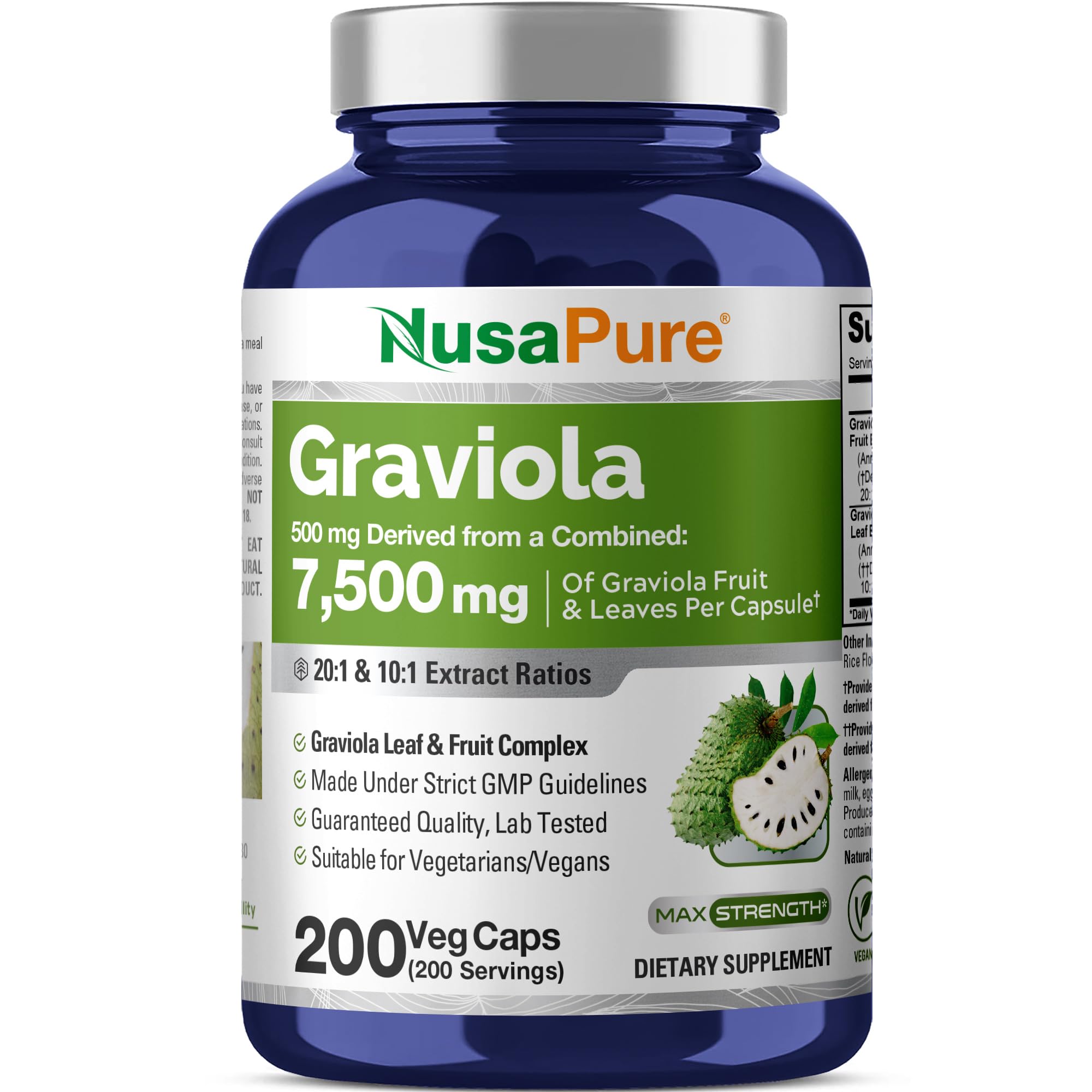 NusaPure Graviola 20:1 & 10:1 Extract - Suitable for Vegetarian/Vegan, Non- GMO - 7500 mg - 200 Capsules NusaPure Au supplements