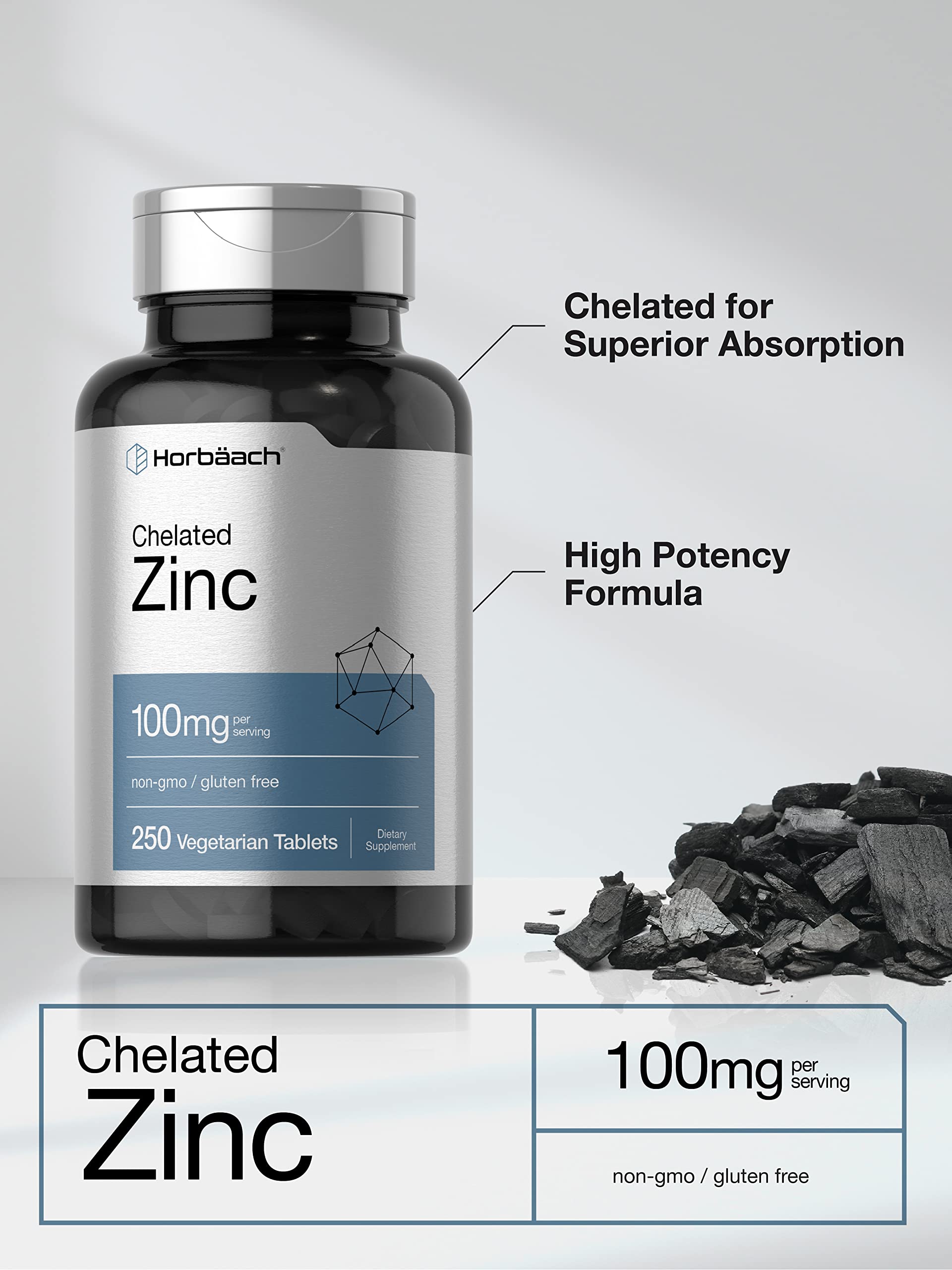 Horbäach Chelated Zinc Supplement 100mg | 250 Tablets | High Potency & Superior Absorption | Vegetarian, Non-GMO, Gluten Free