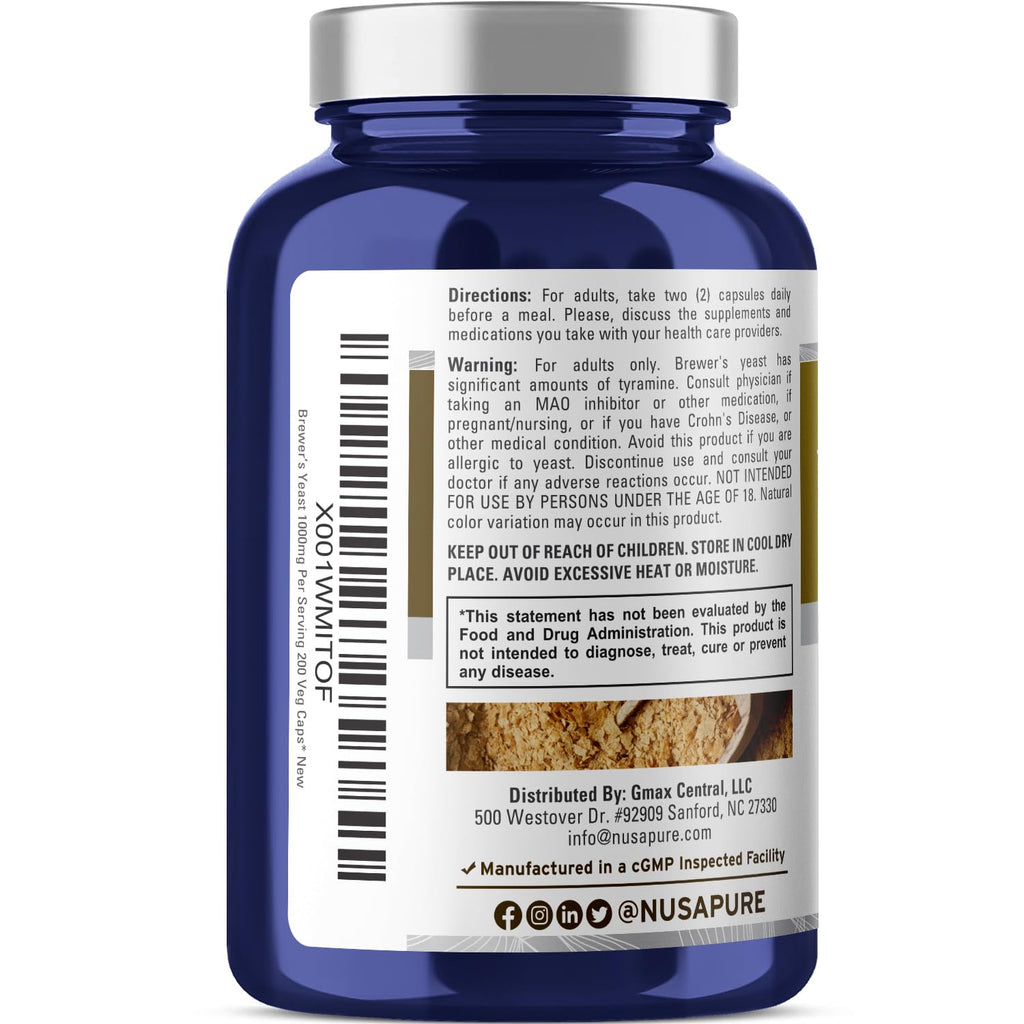 NusaPure Brewer’s Yeast - Suitable for Vegetarian/Vegan, Non - GMO - 1000mg 200 Capsules NusaPure Au supplements