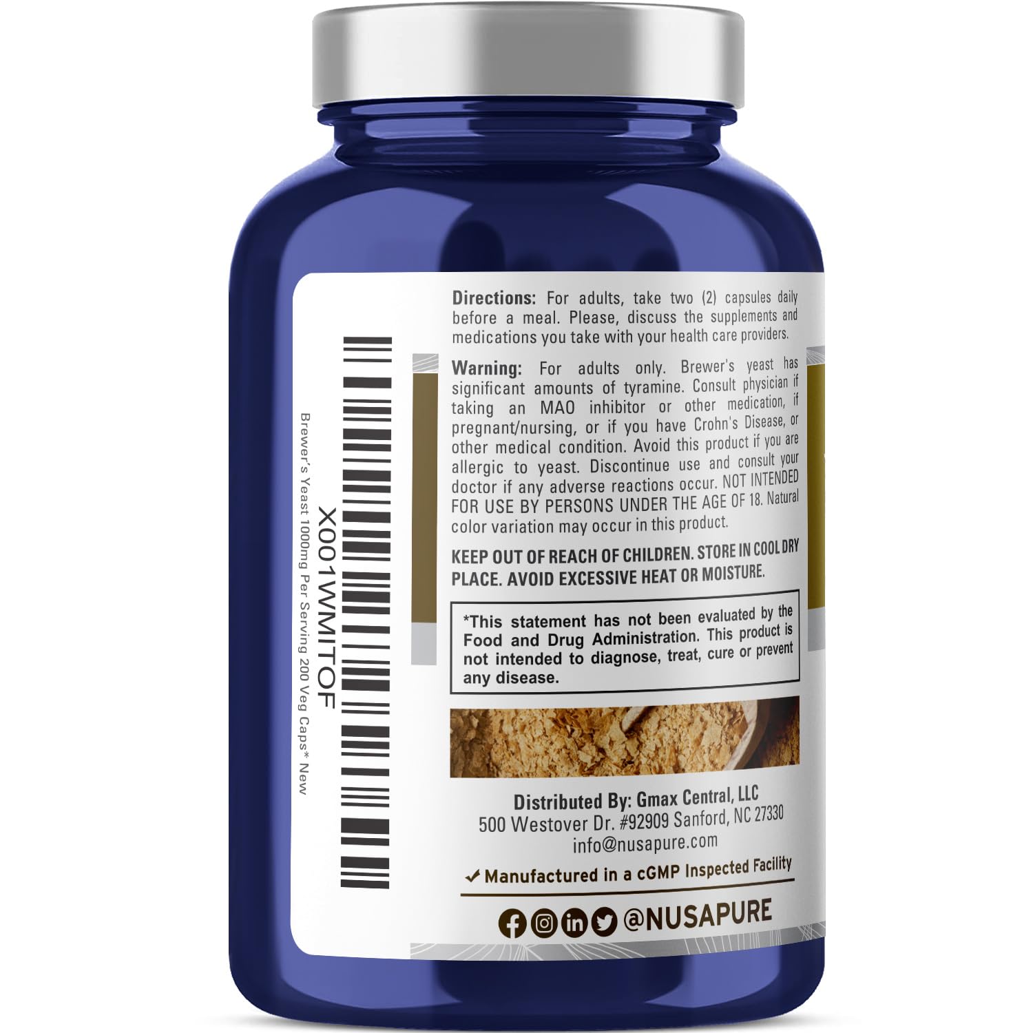NusaPure Brewer’s Yeast - Suitable for Vegetarian/Vegan, Non - GMO - 1000mg 200 Capsules NusaPure Au supplements