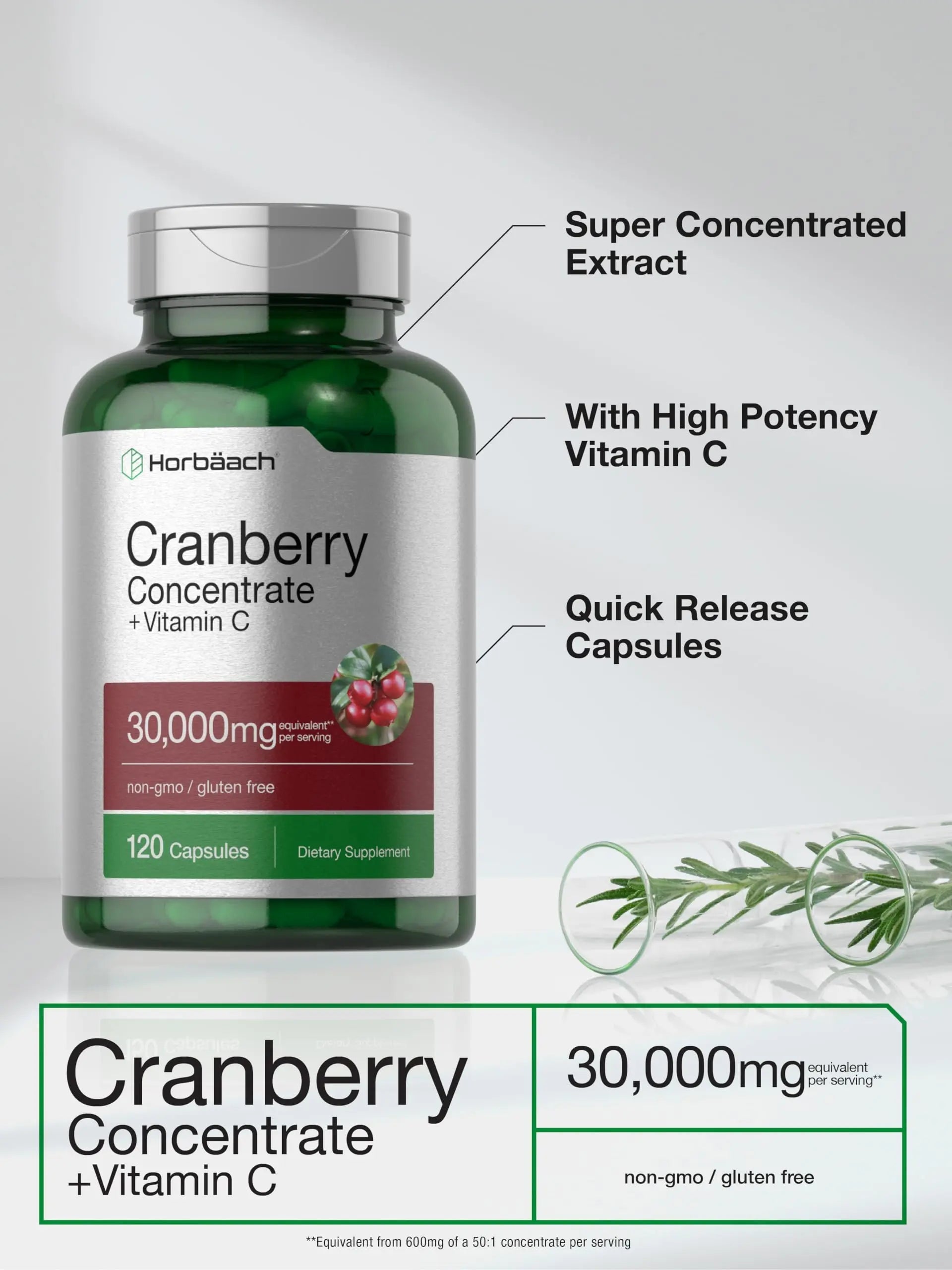 Cranberry Concentrate Extract Pills + Vitamin C | 30,000mg | 120 Capsules | Triple Strength Horbäach Au supplements